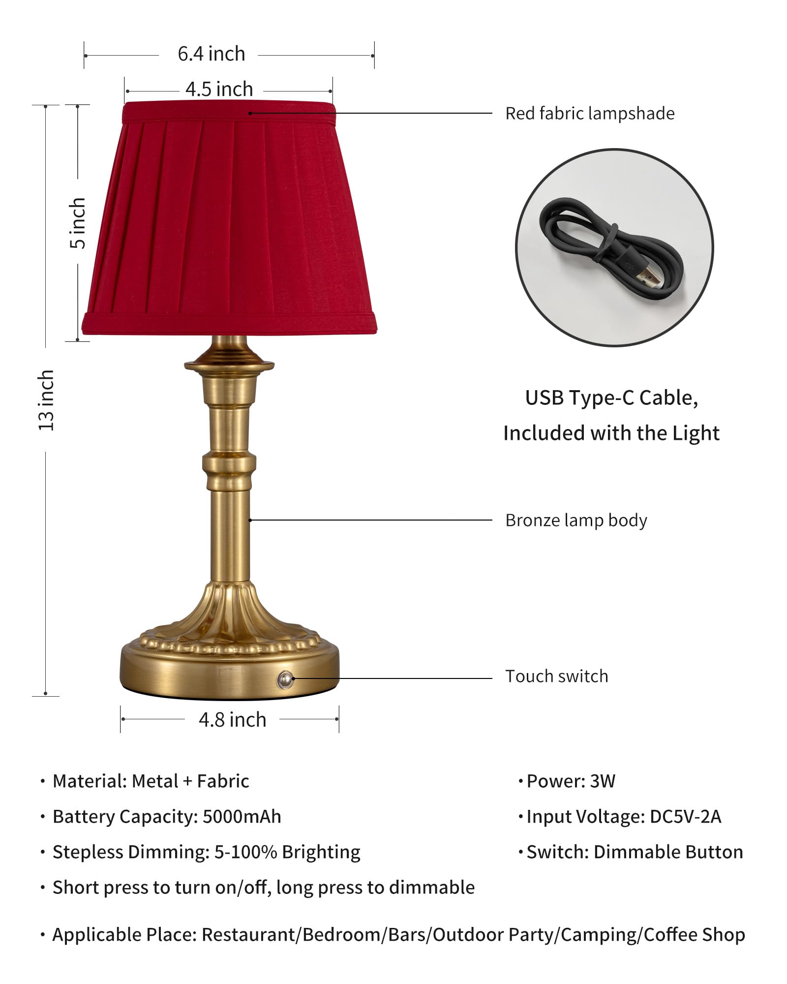 Kdg Cordless Portables Table Lamp Set Of 2, Led Fabric Shade Small Desk Lamps, 5000Mah Battery Powered Lighting, 2700K Stepless Dimmable Light For Living Room, Dining Room, Bedroom (Bronze+Red)