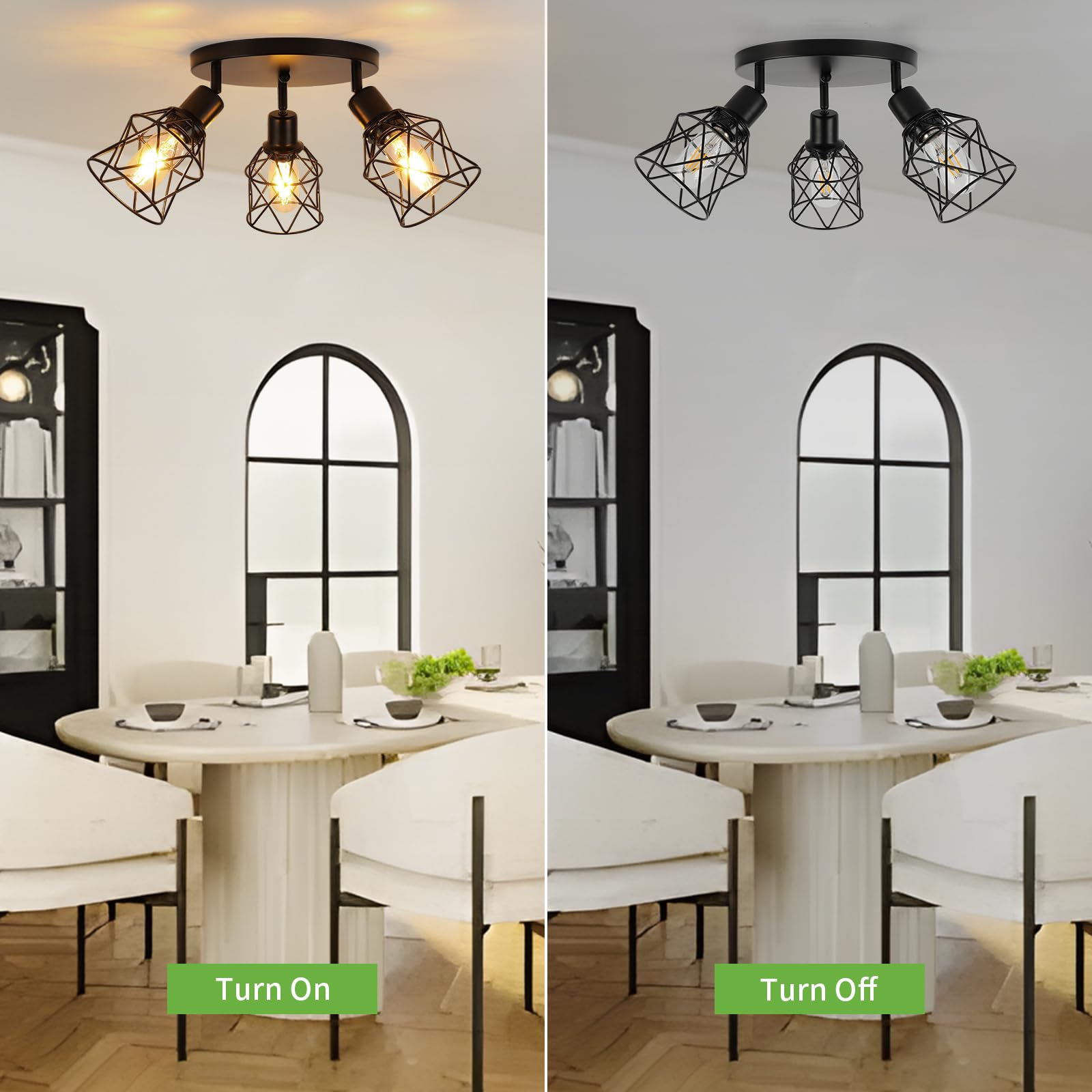 Wilon Kitchen Light Fixtures Ceiling Mount, Black Ceiling Light Fixtures 3-Light Adjustable Semi Flush Mount Ceiling Light, Multi-Directional Ceiling Lights For Kitchen Hallway Dining Room(E26 Base)
