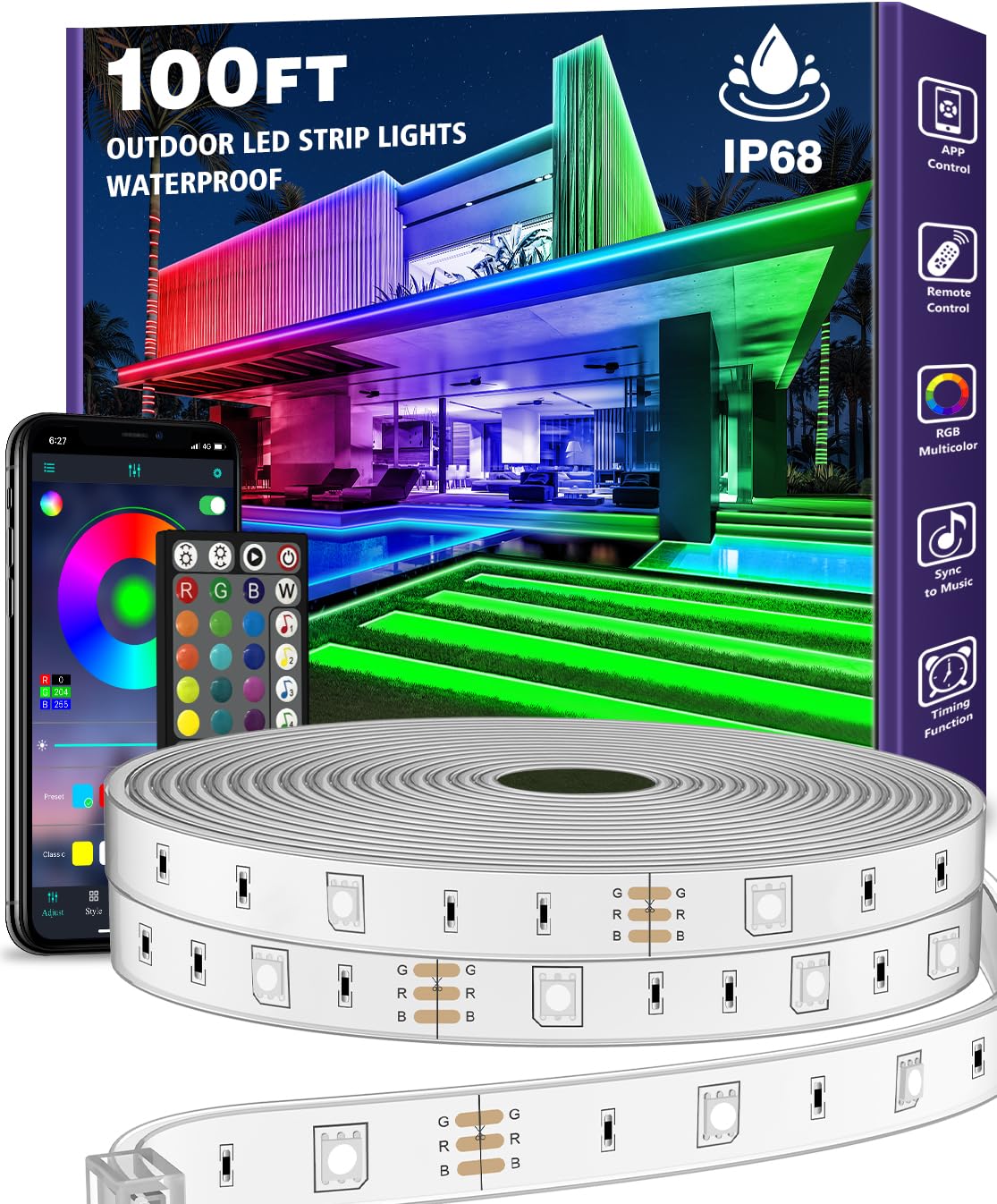 AILBTON 100ft Outdoor LED Strip Lights, Waterproof IP65, Bluetooth App Control, RGB Music Sync, Multicolor