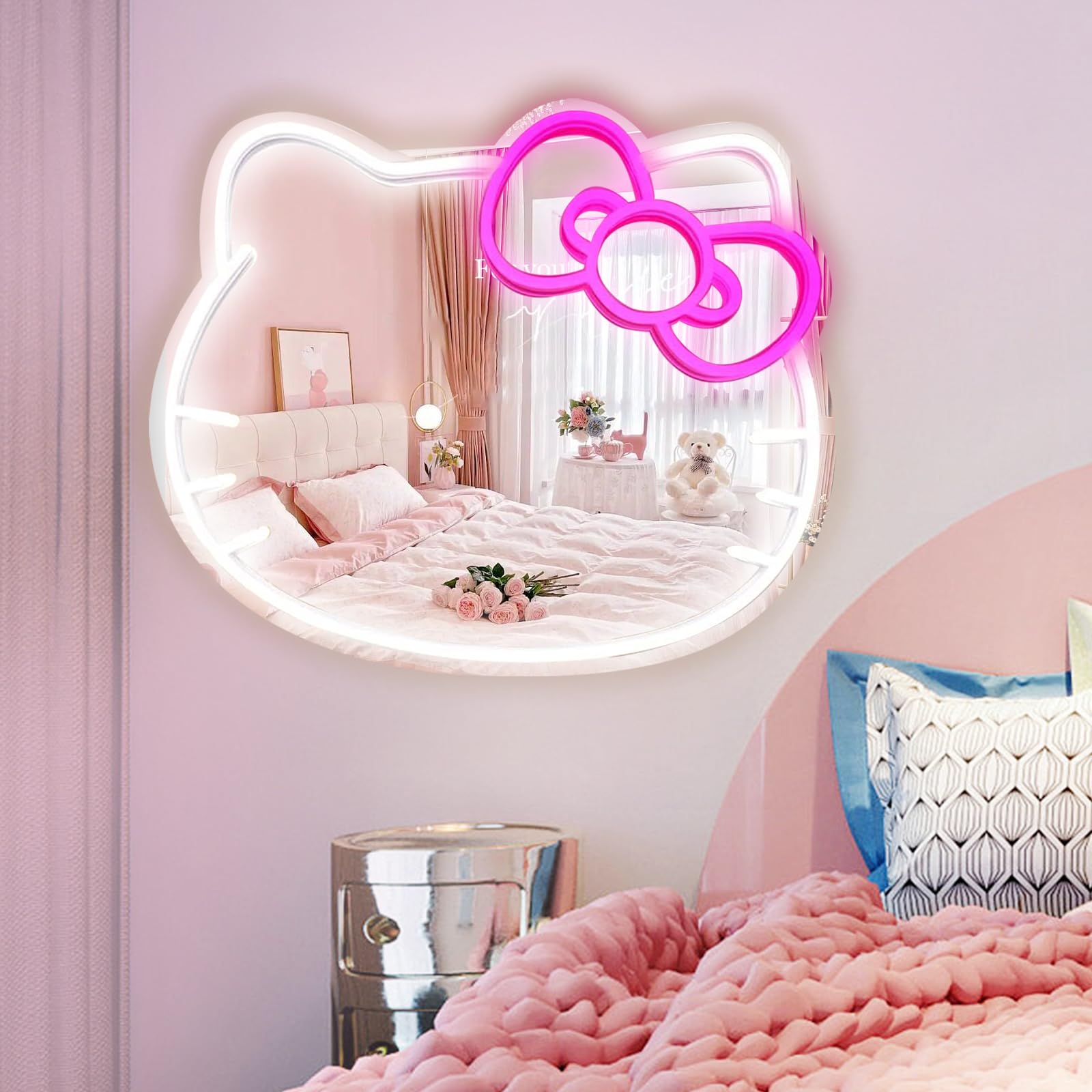 MCJSGSP Anime Hello Kit Mirror with Light Neon Signs for Wall Decor, Neon Mirror with Dimmable for Teen Girl Gift,Makeup Mirror