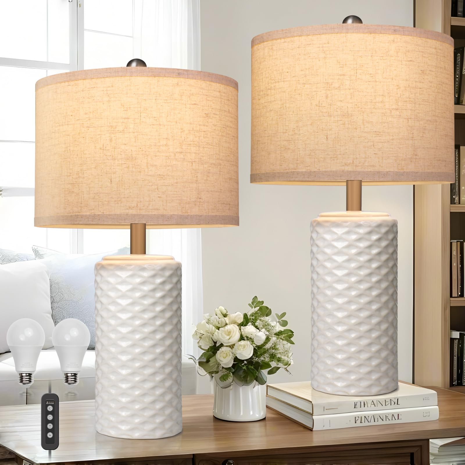 FINCMY 23in Dimmable Ceramic Table Lamps Set of 2, Beige, LED Bulb Included, Modern Farmhouse Design for Bedroom and Living Room