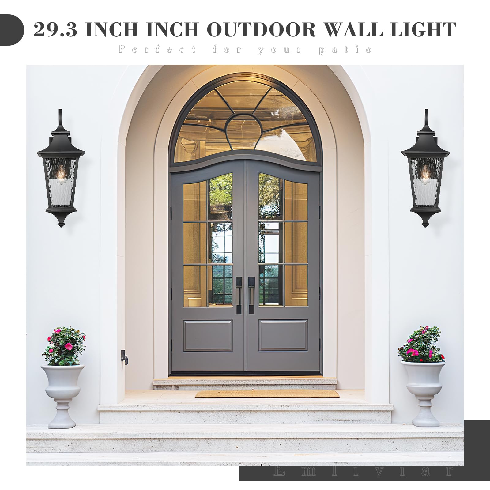 Emliviar 29.3" Waterproof Wall Sconce Light Fixture, Black Finish, Water Ripple Glass Shade, Large Size, Model XE292BL-SW BK