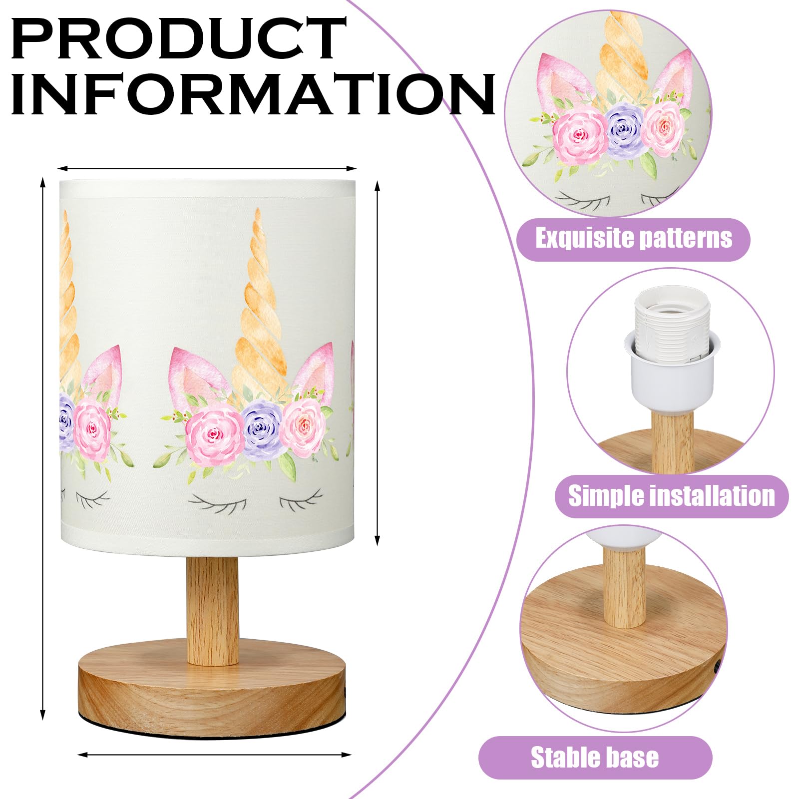 Vihose Unicorn Table Lamp For Bedroom Kids Bedside Lamp With Linen Wooden Nightstand Lamp Cartoon Nursery Lamp Lampshade For Gir