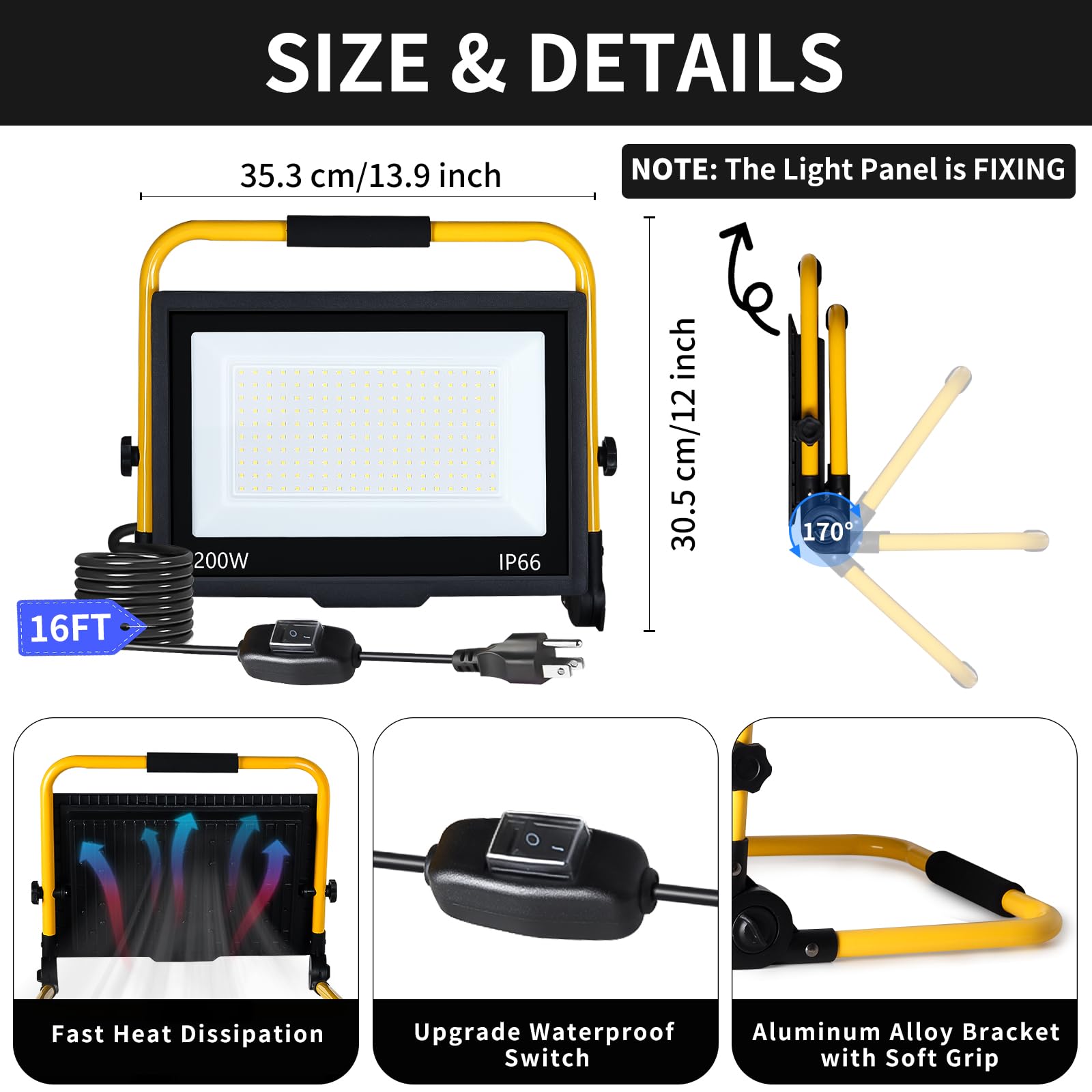 200W Led Work Light, 24000Lm Ultra Brighter Flood Light With 16Ft Cord Switch, Portable Working Light With Stand, 5000K Ip66 Wat