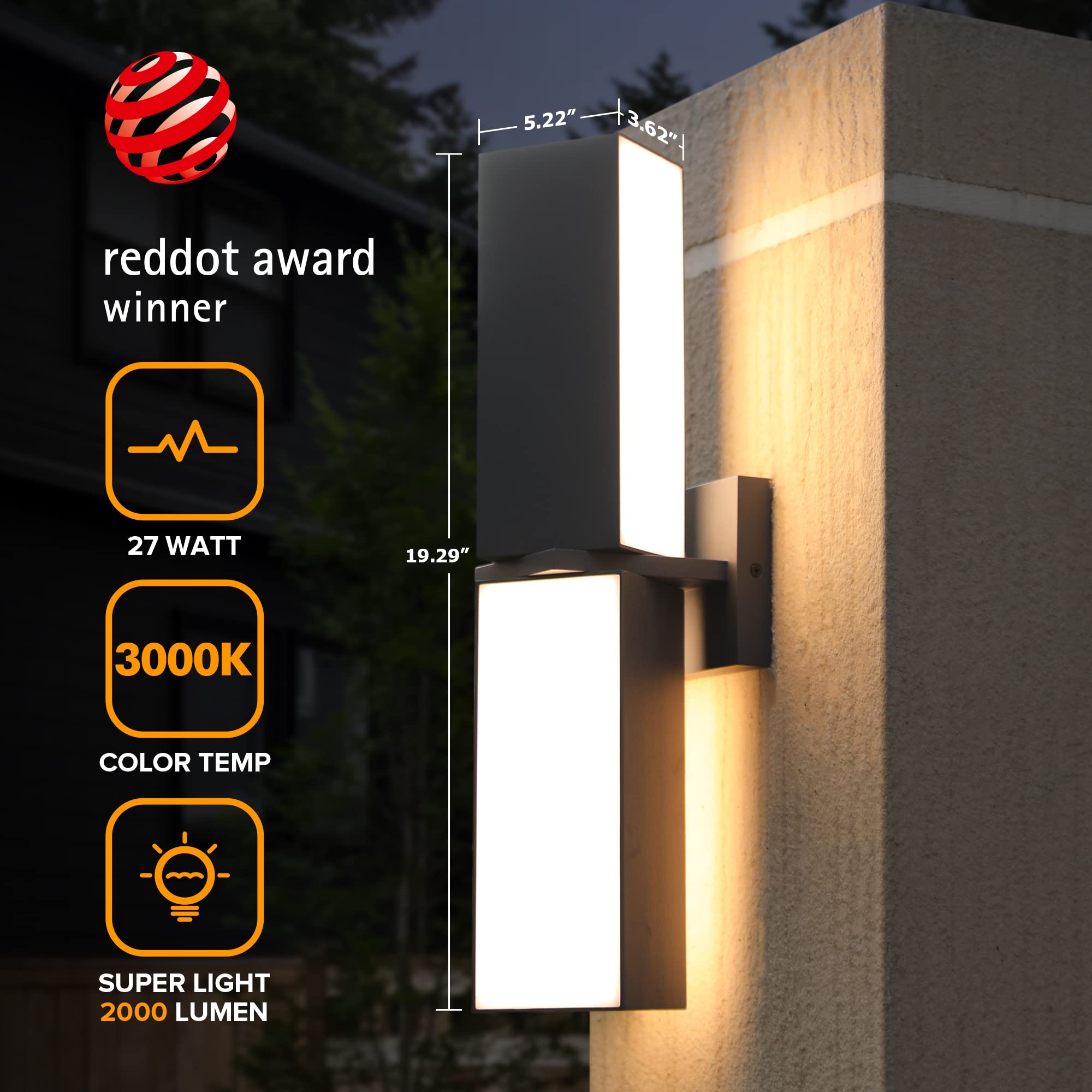 LUTEC Cuba LED Porch Wall Light 3000K 2000LM Aluminum Waterproof Grey Sconce for Outdoor Entryway, Patio, Home