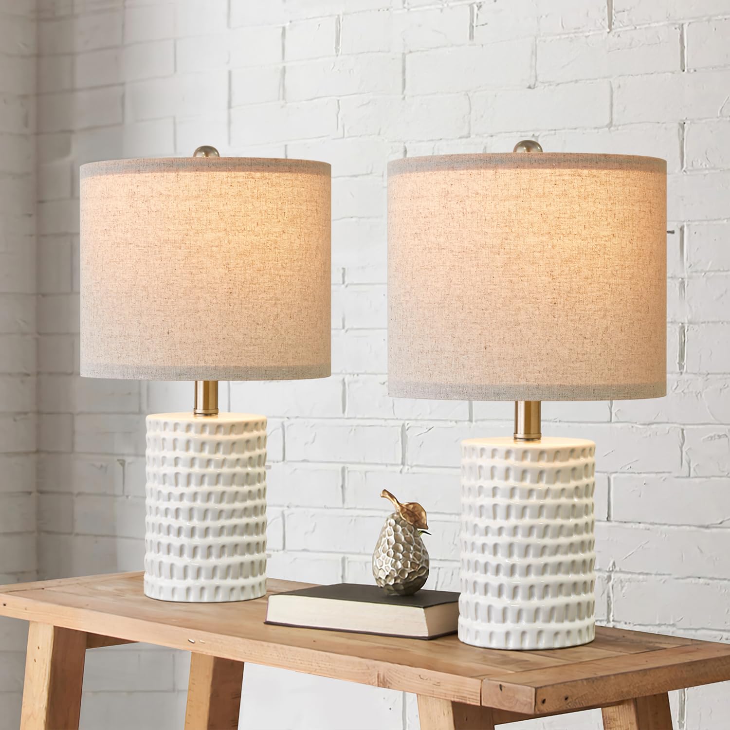 Portres 18.25&quot; White Ceramic Table Lamp Set Of 2 - Modern Accent Lighting For Bedroom & Office
