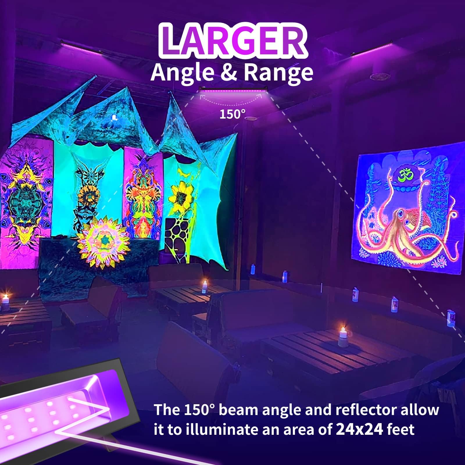 AUROHOPE 50W LED Black Light Bar, IP66 Waterproof, 385nm UV Light, Halloween & Party Decor, Model BF50, 4 Packs