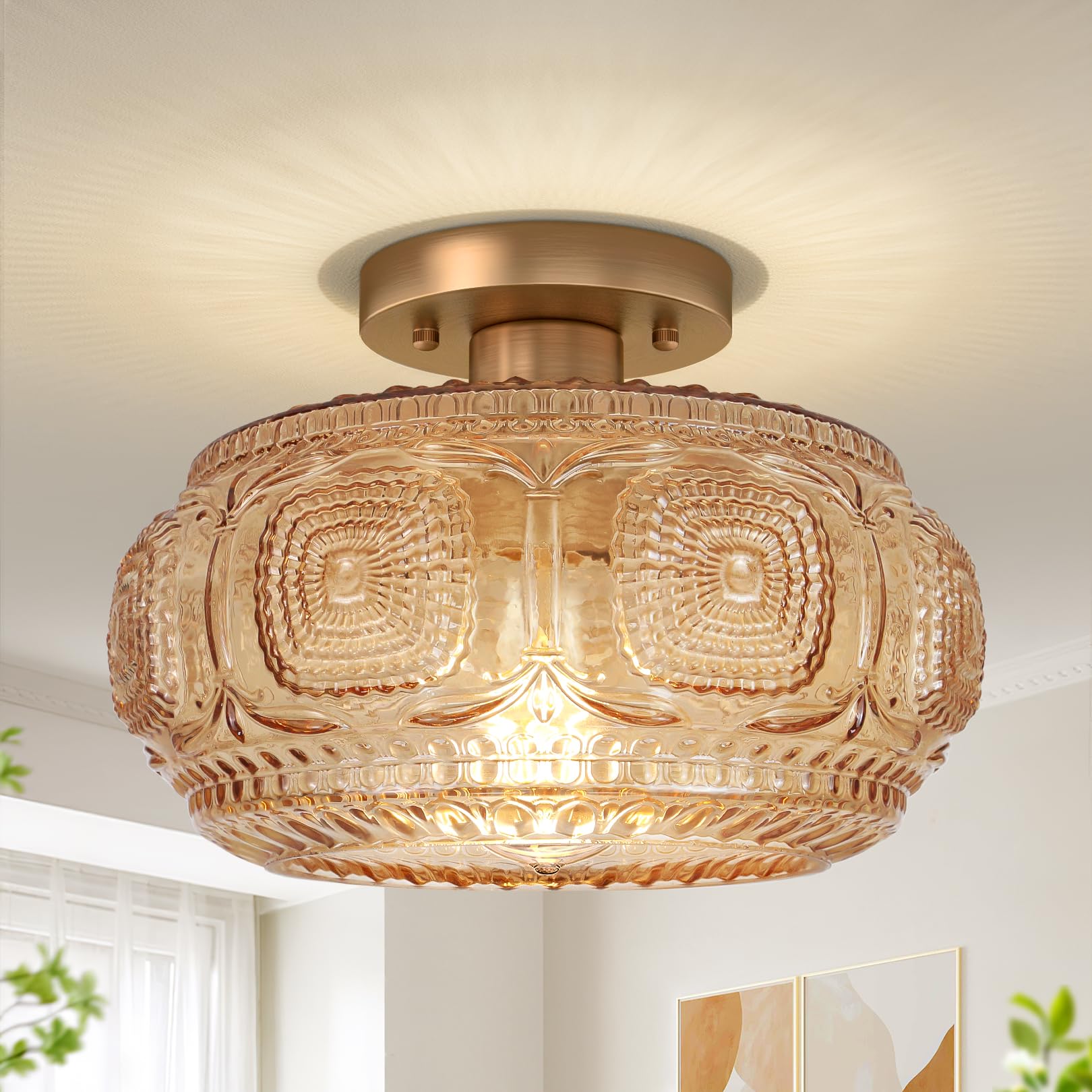 Oykyohei Semi Flush Mount Ceiling Light  Upgraded Larger Amber Glass Ceiling Light Fixture  Vintage Lighting For Hallway Kitchen Bedroom Dining Room  Bulb Not Included