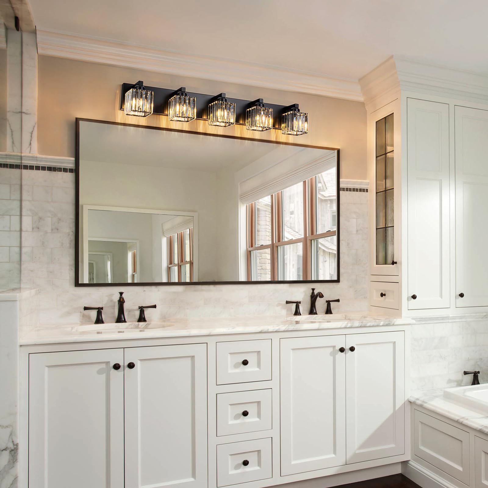 Huoku 35.43 Black Crystal Bathroom Vanity Light 5-Lights Modern Bathroom Lighting Fixtures Over Mirror  Crystal Wall Light