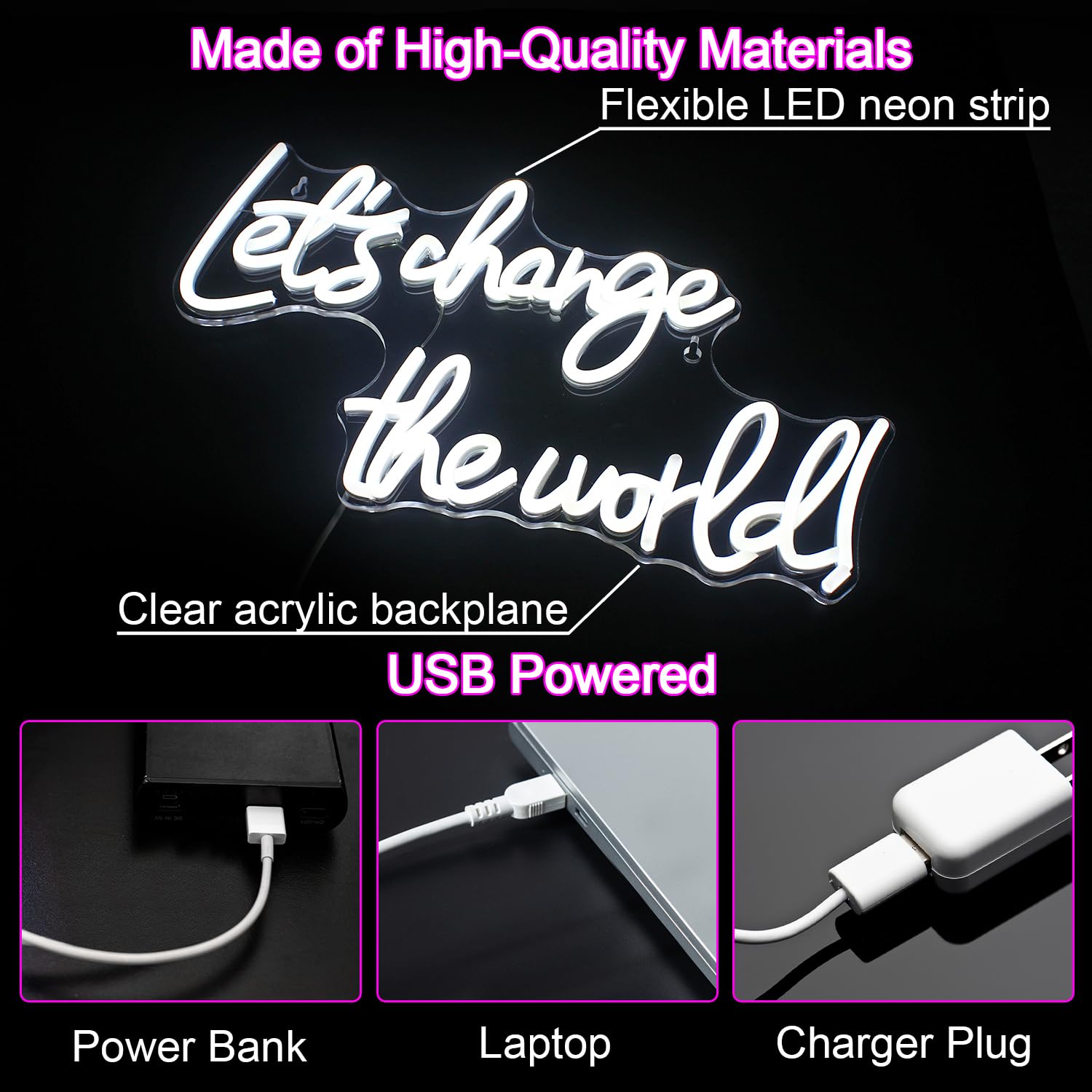 Horseneon Neon LED Sign, Wall Decor, USB Powered, White Acrylic, inLets Change the Worldin