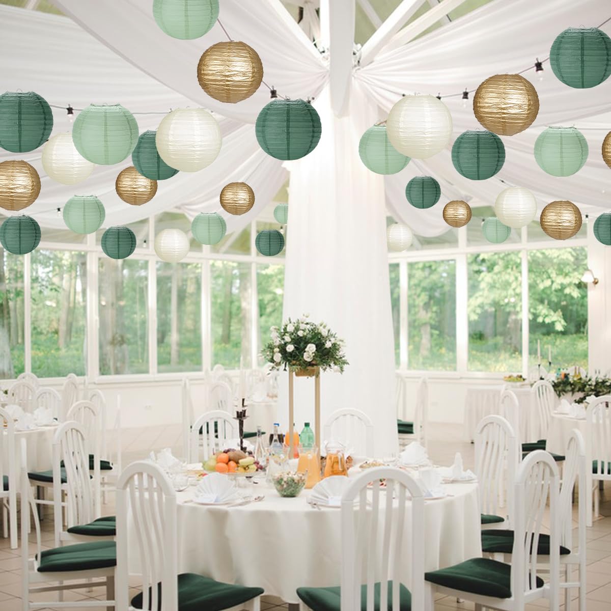 Yunxuan Paper Lanterns Sage Green Gold Round Hanging Chinese Lanterns For Birthday Party Baby Shower Bridal Shower Decorations P