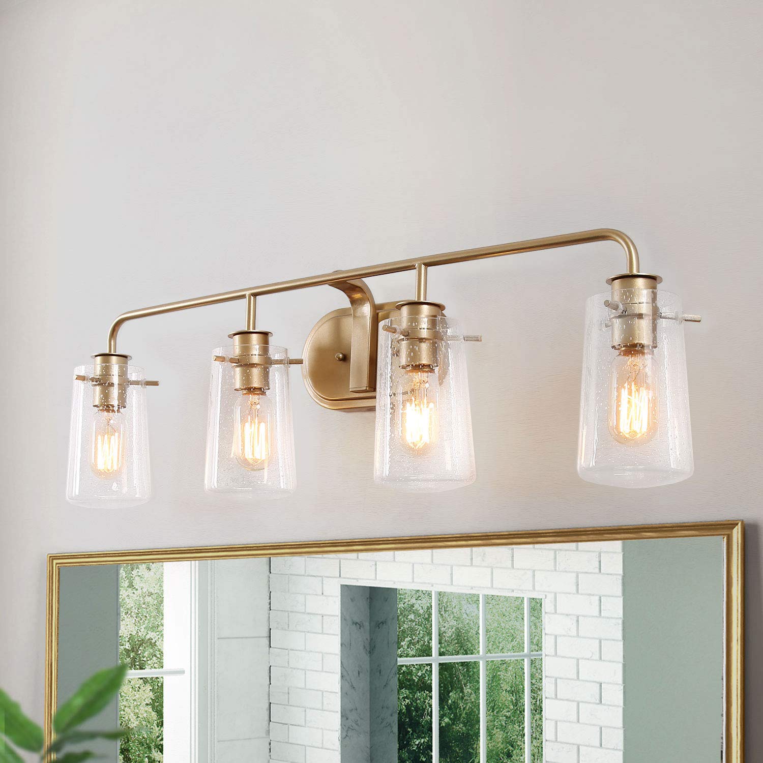KSANA Bathroom Vanity Light 4-Light Modern Gold Fixtures with Seeded Glass Shade, 31in  Soft Gold Finish