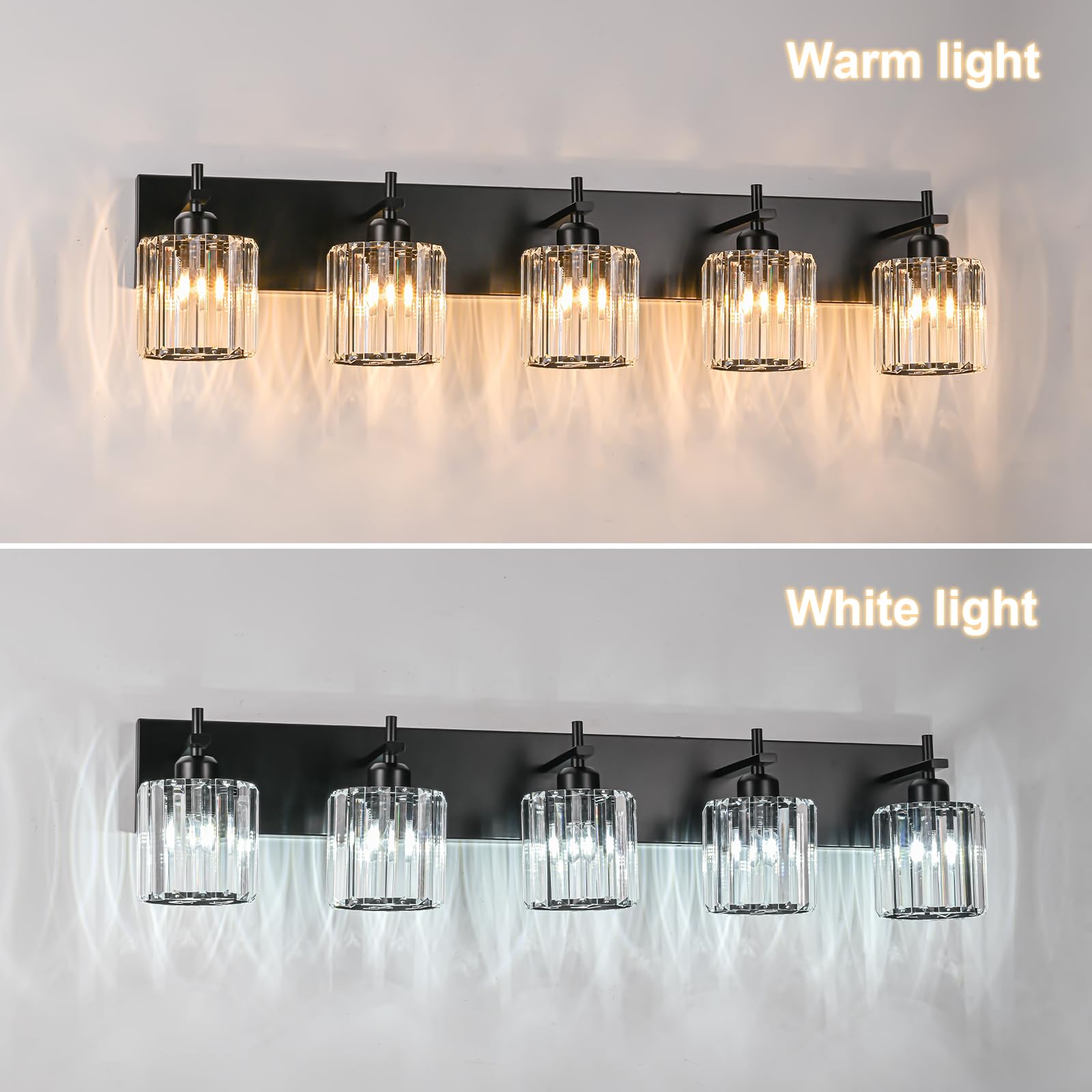 HUOKU Black Crystal Bathroom Vanity Lights, 5-Light Modern Fixture Over Mirror, Metal & Crystal, Round Shade