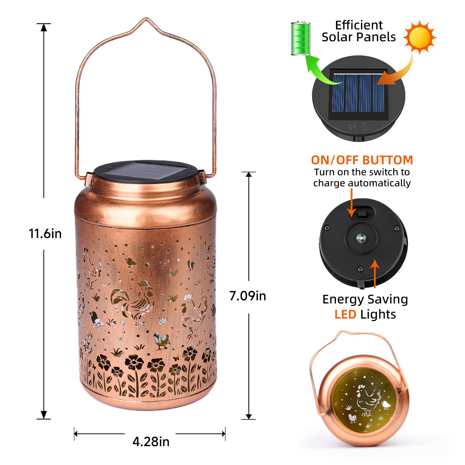 Chicken Solar Lanterns Outdoor Hanging Waterproof Solar Lights Gifts For Women Men Mom Outside Metal Decoration For Garden  Porch  Lawn Yard  Patio  Landscape