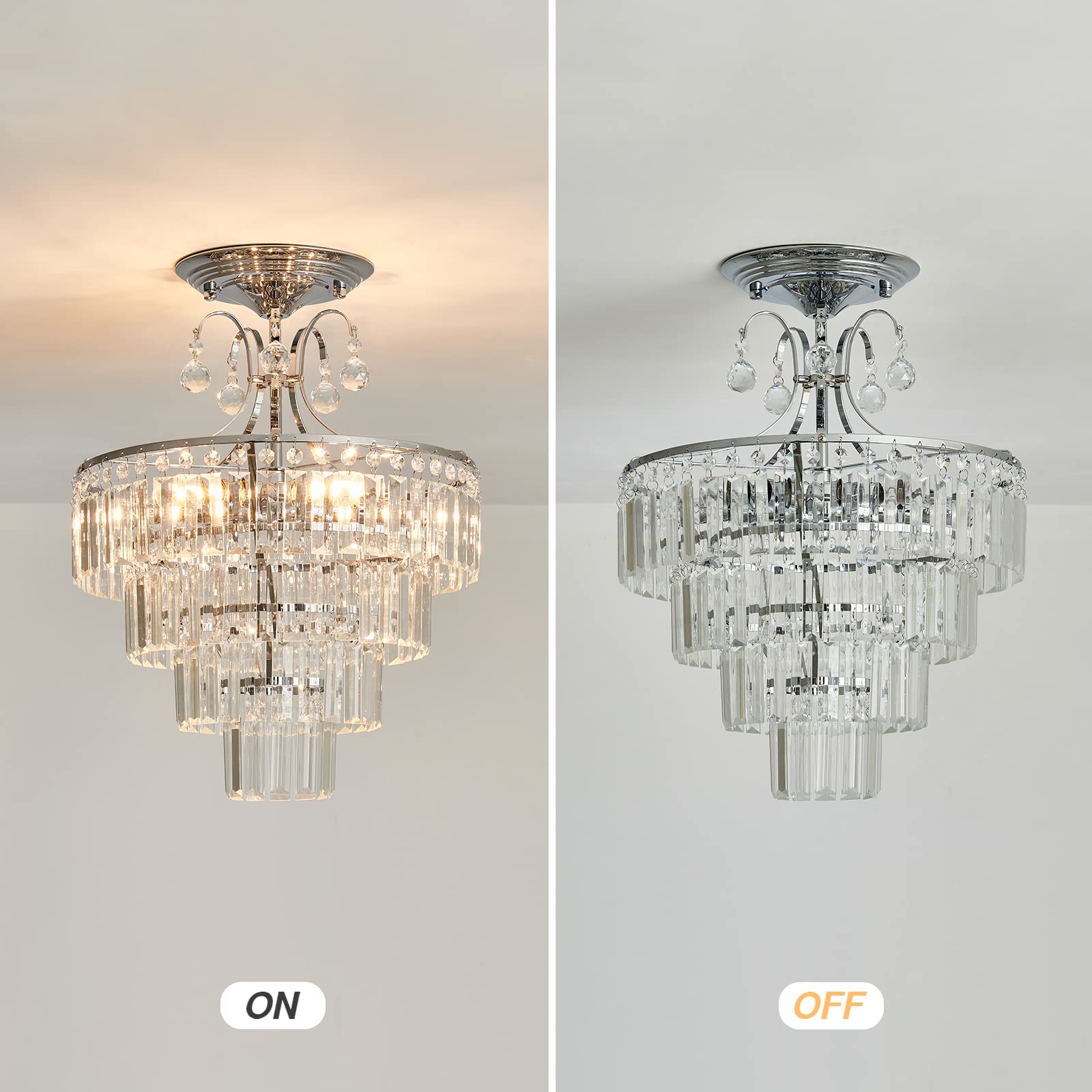 CVKASH Crystal Chrome Chandelier - 5 Lights Semi Flush Mount Ceiling Lamp for Dining Room, Kitchen, Bedroom, 15.4 Inch, Silver, Model W1144