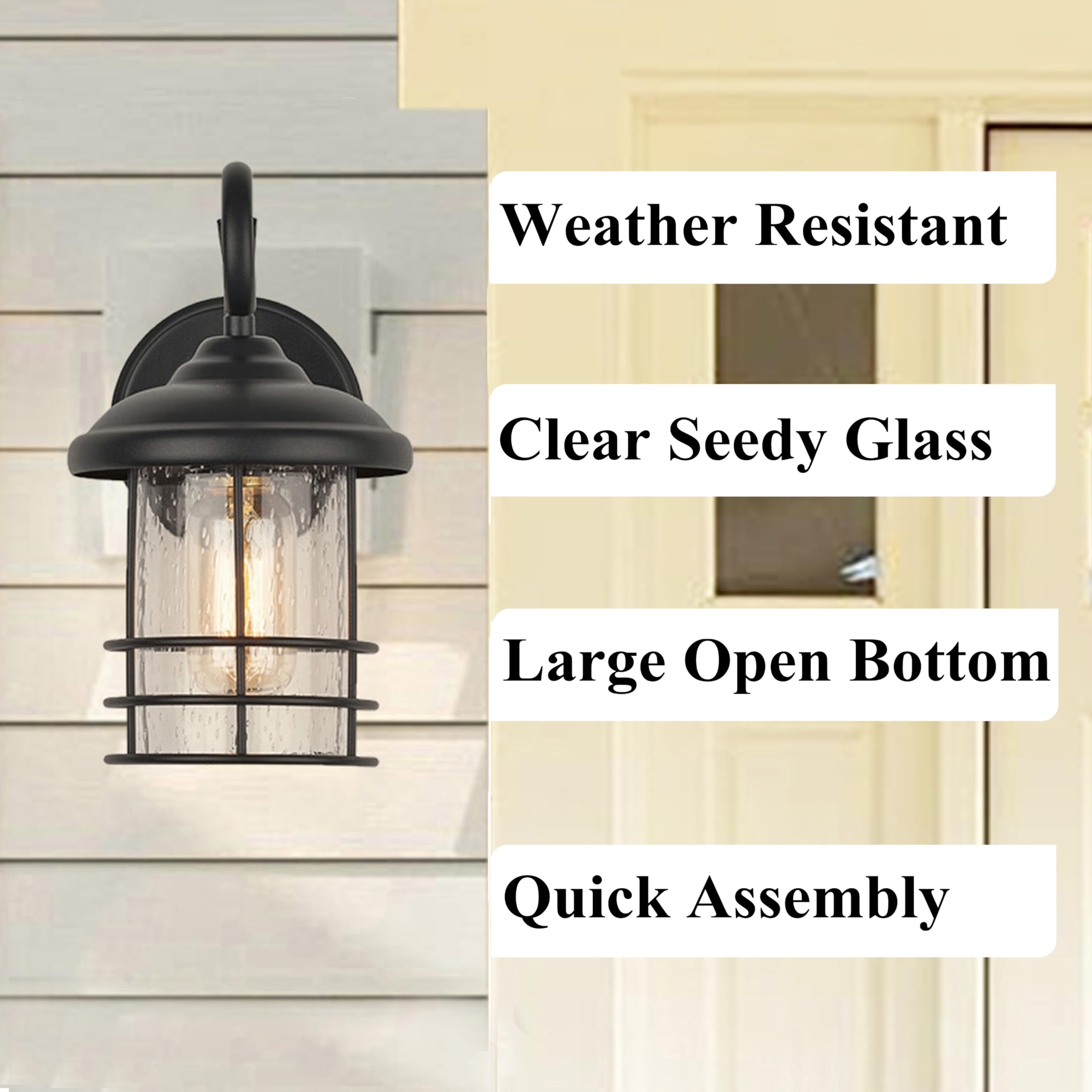 Micsiu Textured Black Exterior Wall Sconce Lantern, 9.8 Inch Outdoor Wall Lighting With E26 Based Socket,Clear Seedy Round Outsi