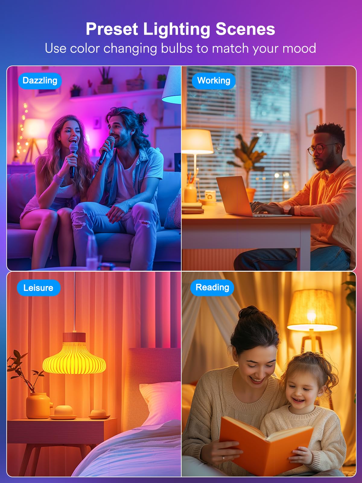 ANGELHALO Smart Light Bulbs A19 LED, Wi-Fi & Bluetooth, Color Changing, 800 Lumens, 4 Pack, Multi-Colored, Model L-LB9A4