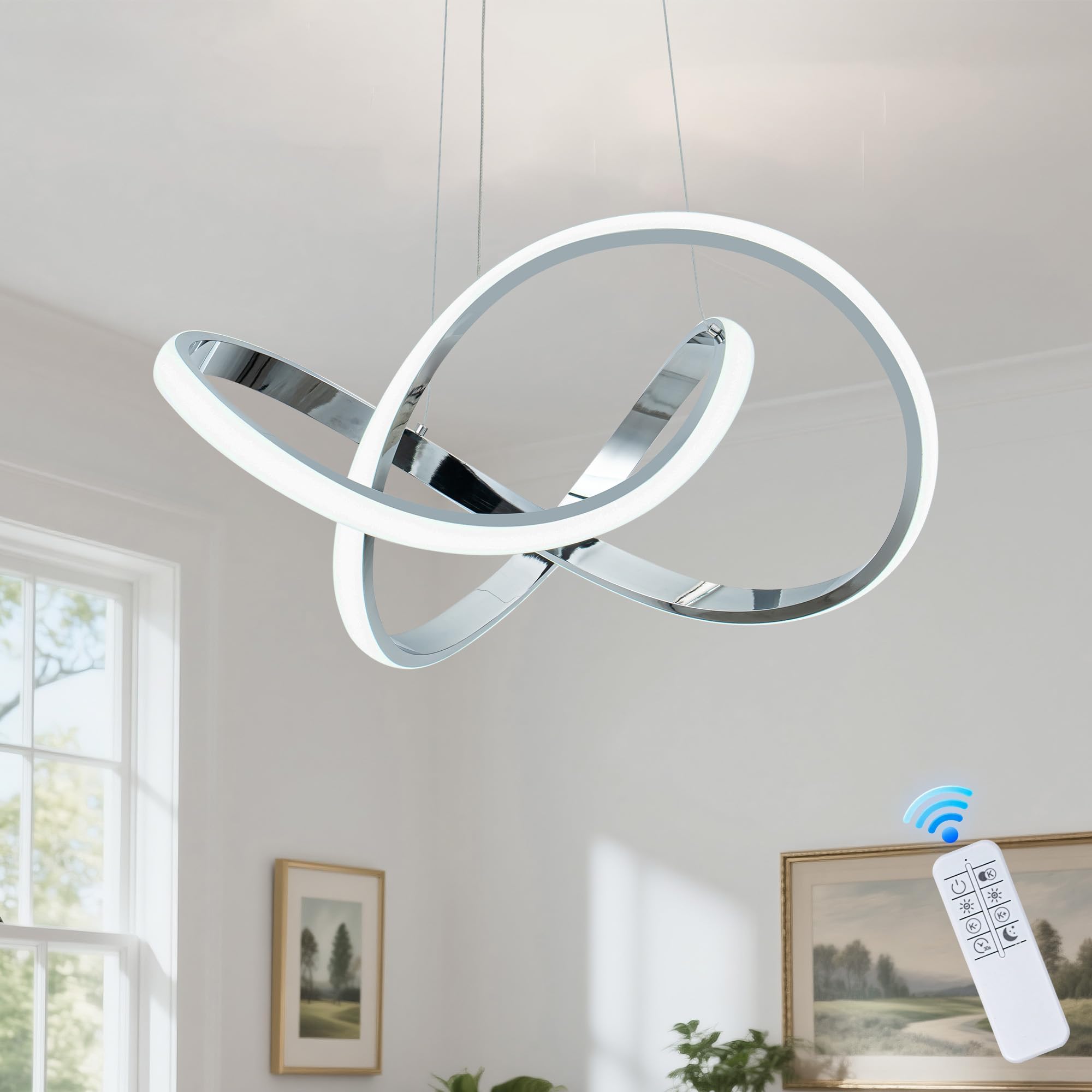 Mayna Modern Chandelier With Remote Control  3-Color Dimmable Led Pendant Light Fixtures  Height Adjustable Kitchen Island Lighting For Dining Room Kitchen Entryway Living Room  Chrome 25.6 Inch