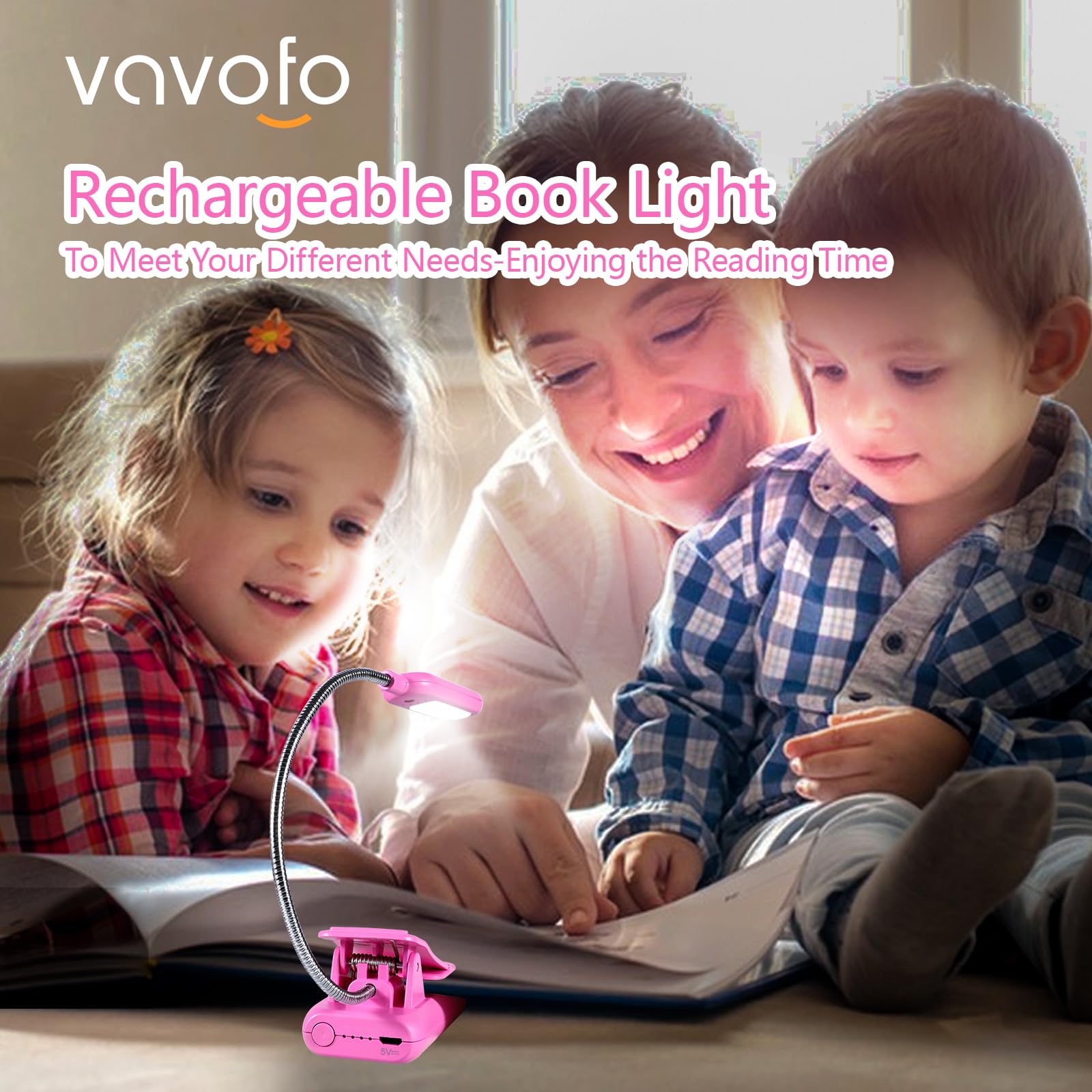 VAVOFO Rechargeable Book Light, 7 LED, 9-Level Warm Cool White, Eye Care Lamp, Rose, Model KM-6720