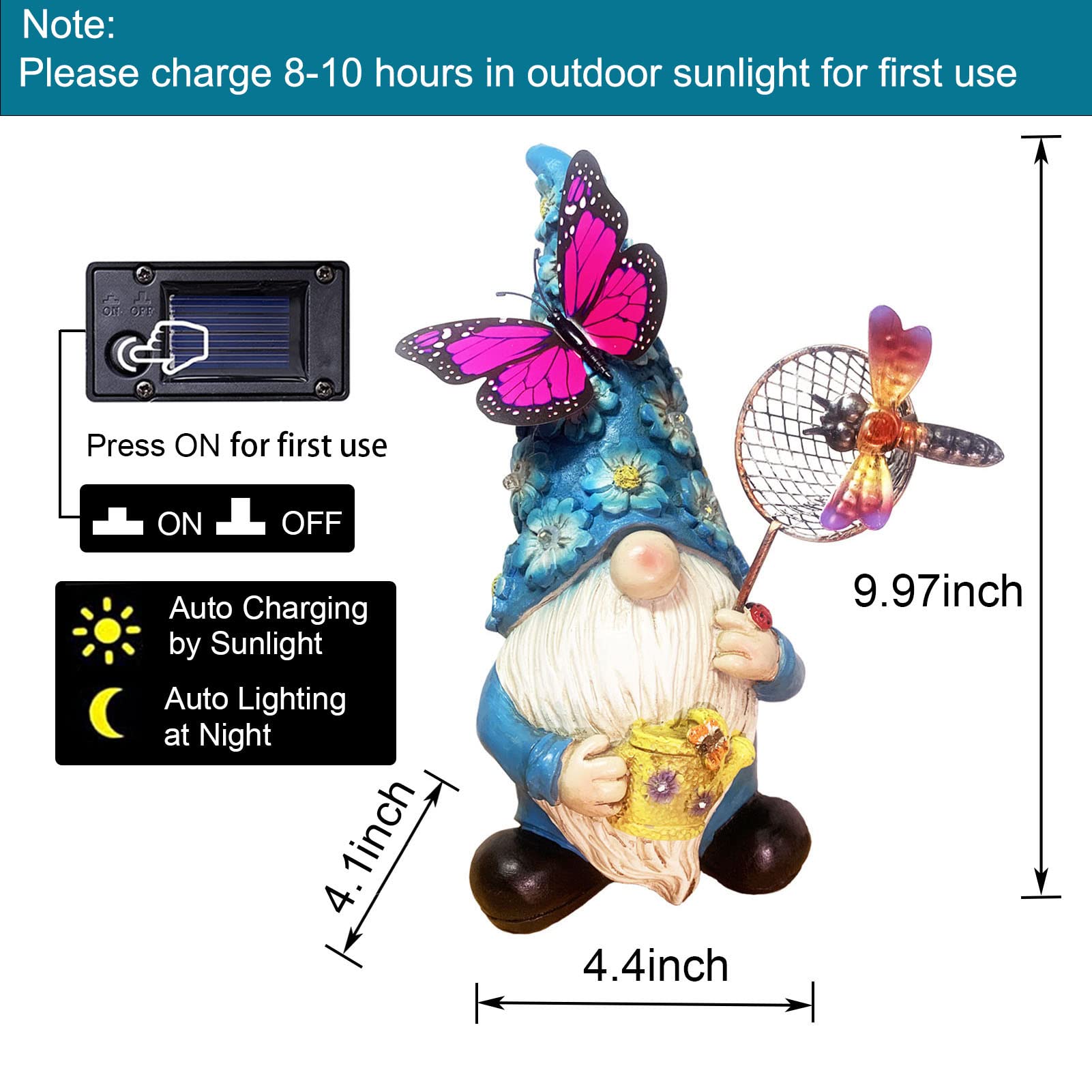 Foreby Garden Gnome Statues Outdoor Decor Solar Gnomes With Butterfly On Led Lighted Flowers, Resin Blue Gnomes Sculpture For Pa