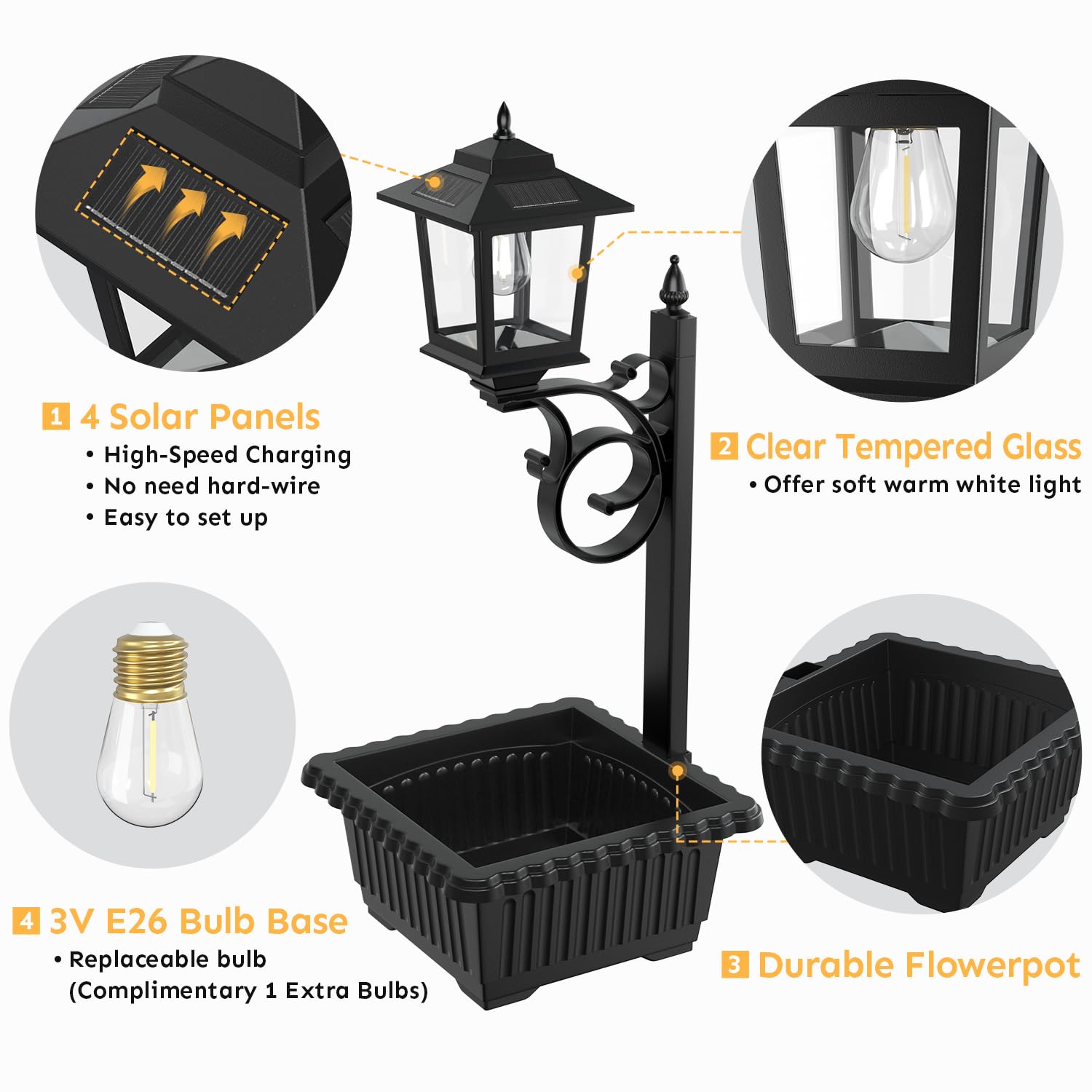 Joyoowild 2 in 1 Solar Lamp Post Light with Planter, Waterproof LED, Black, Model 05F-01
