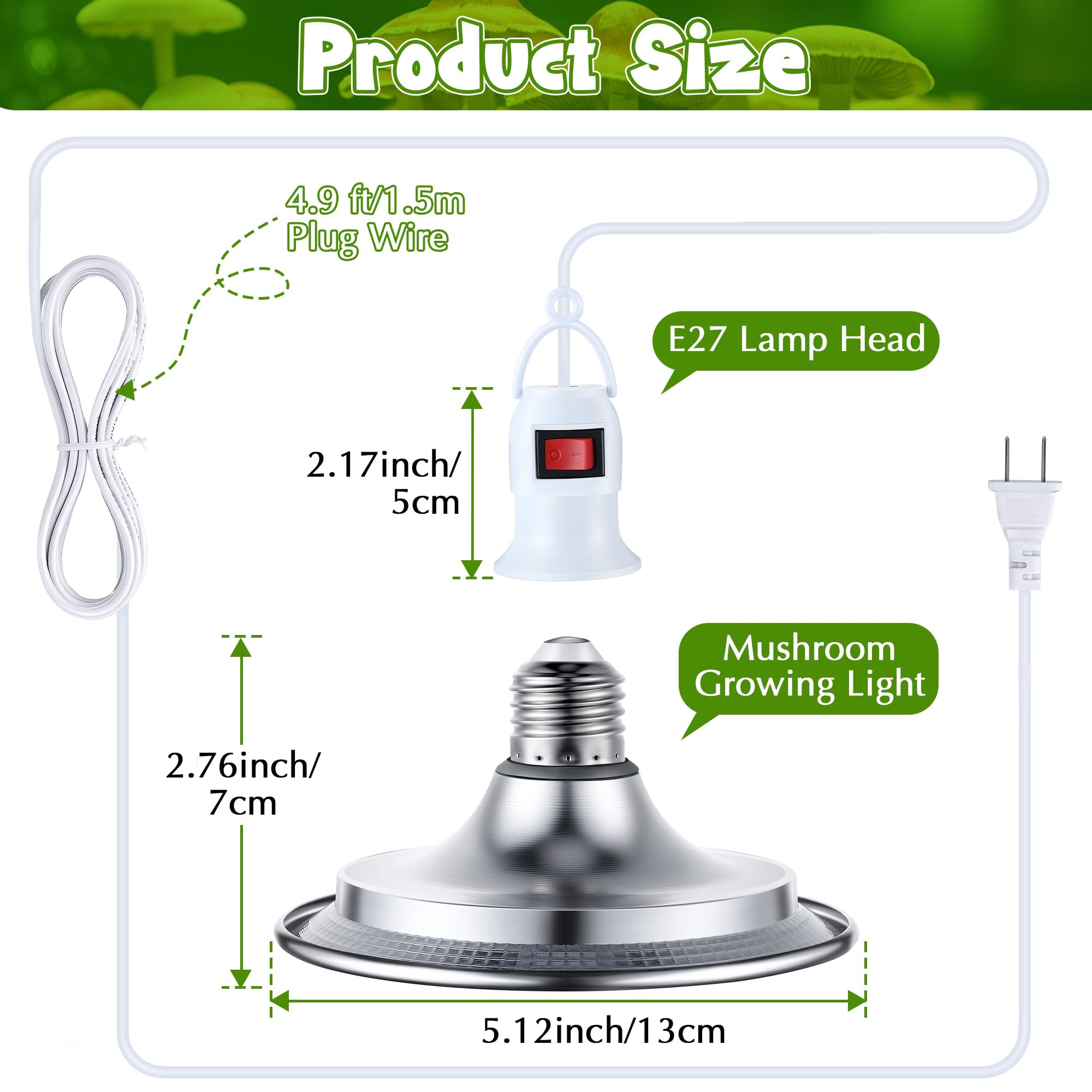 Meonum Led Mushroom Grow Light, 15W Dual Spectrum, 6000K Blue Light, 6.5 Ft Cord,