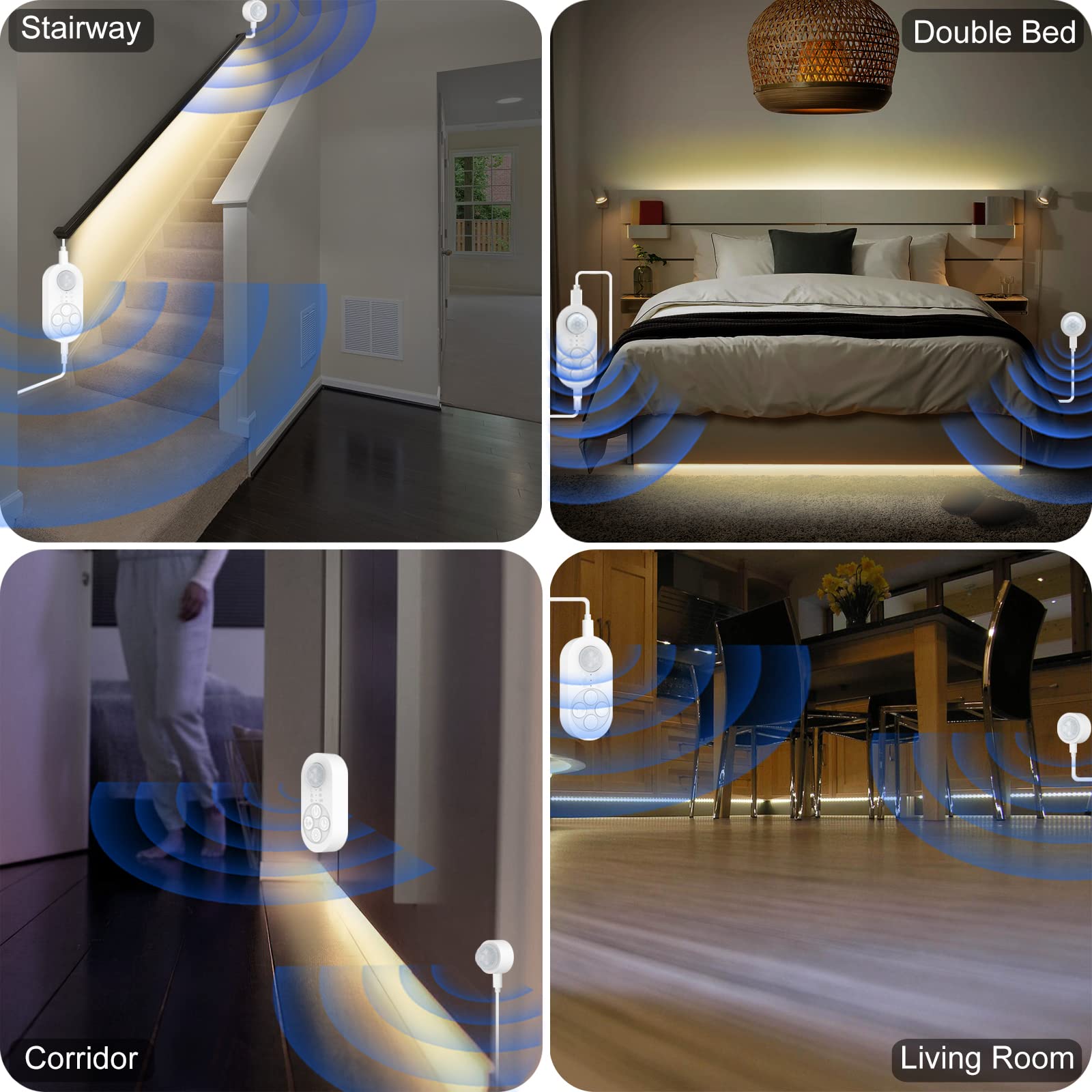 GOOMEEYA Dual Motion Sensor LED Stair Light Strip - 32.8FT Warm White (3000K), Plug-in, Timer, Dimmer, Model GD10WW0