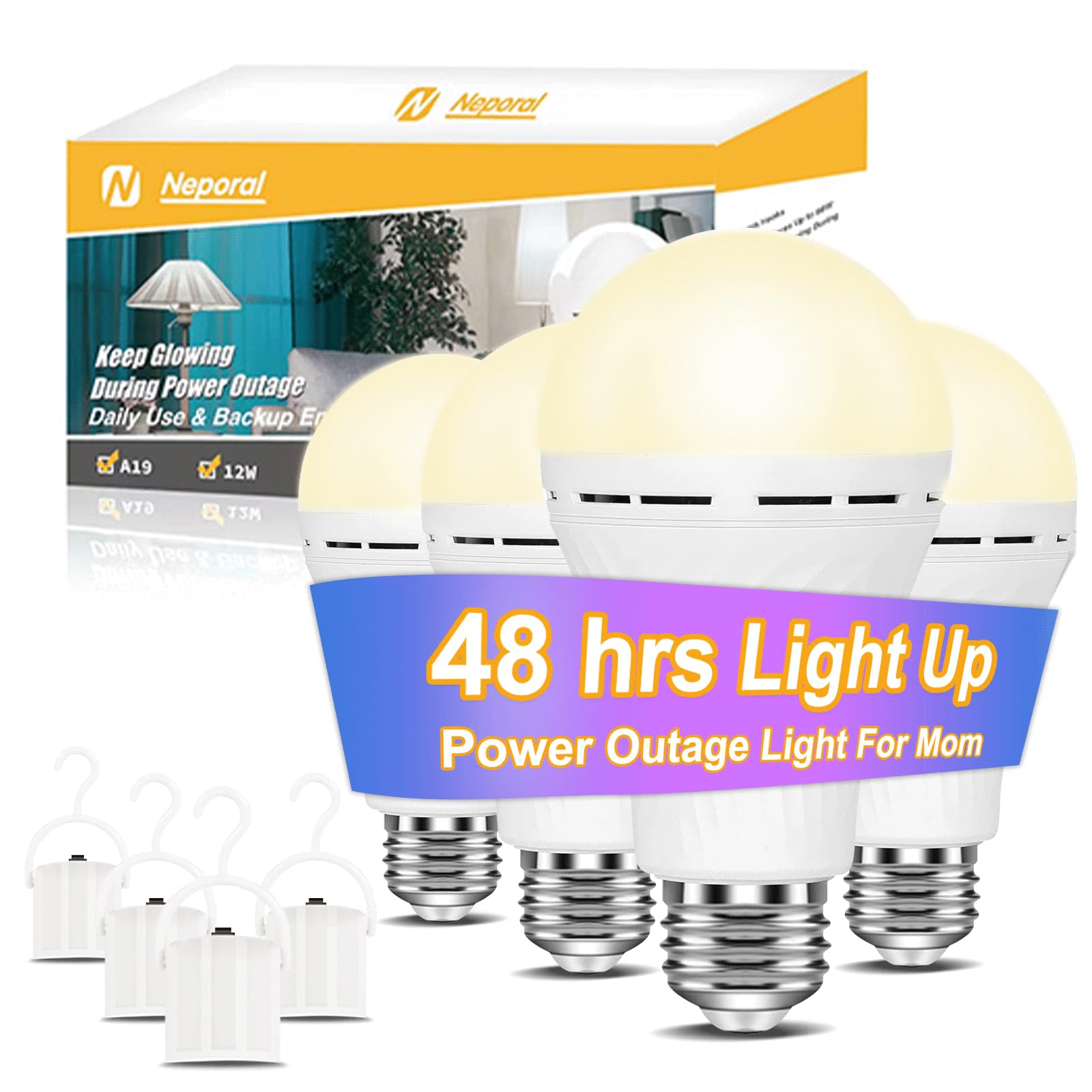 Neporal LITE Emergency Rechargeable Light Bulbs A19, Light Up to 48 hrs, Battery Operated Light Bulb, 5000K E26 LED Bulb, Emergency Lights for Home Power Failure (Soft White-4PK, 12, Watts)