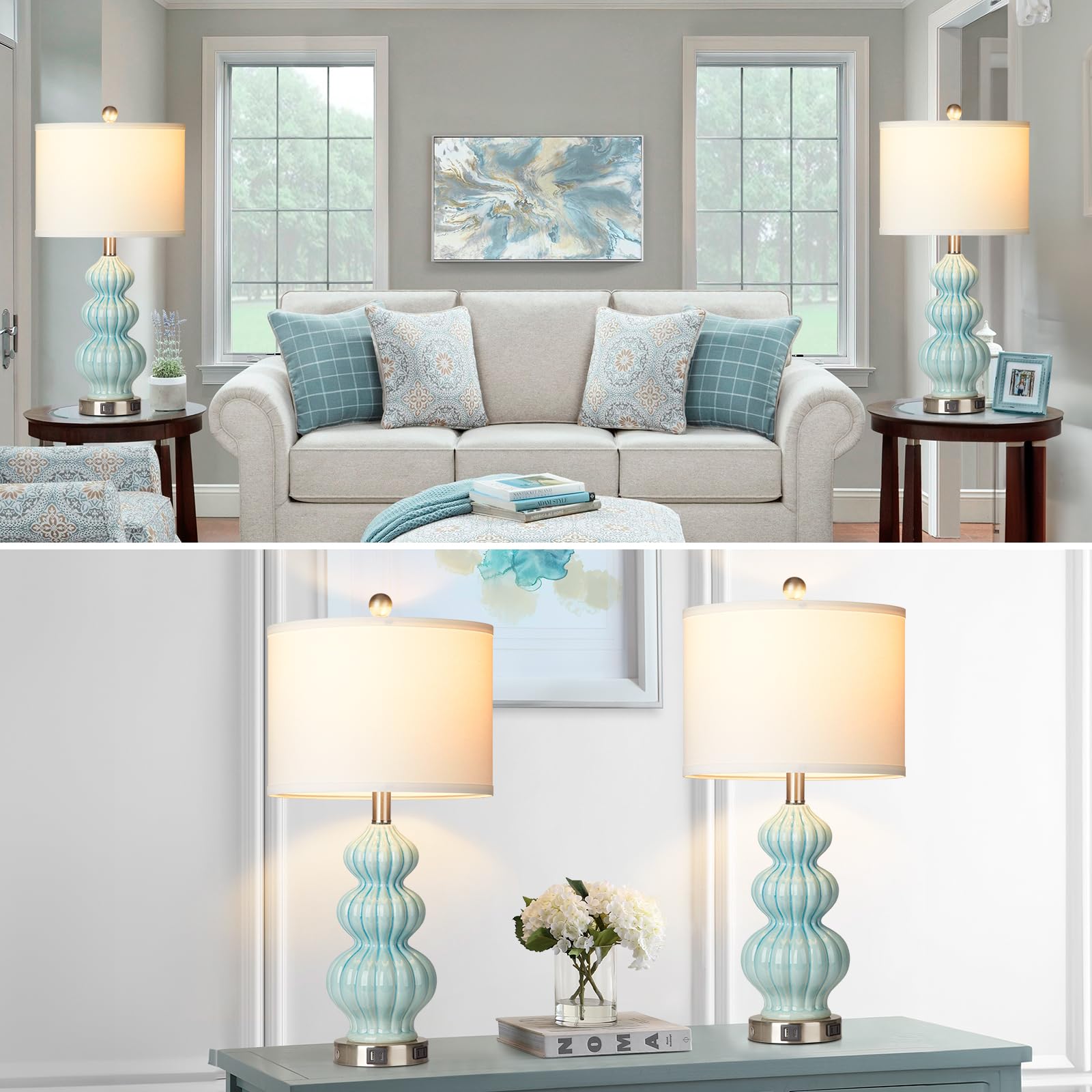 Rinweey Triple Gourd Ceramic Table Lamps Set Of 2, Modern Blue Bedside Lamps With Usb A+C Ports & Ac Outlet, 3 Way Touch Control Contemporary Nightstand Lamps For Bedroom Living Room (Bulb Included)
