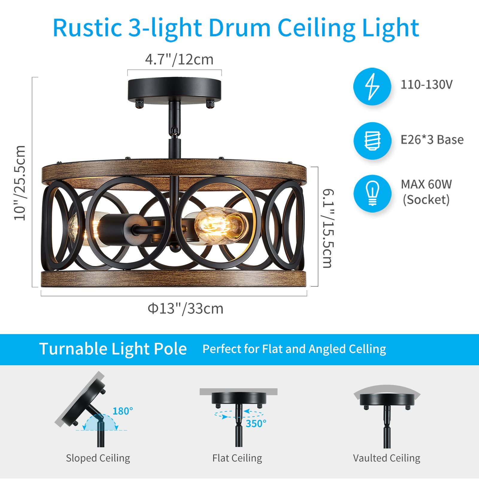 Xingqi Semi Flush Mount Ceiling Light Fixture Modern 3-Light Farmhouse Ceiling Lights For Bedroom Living Room Dining Room Entry Hallway Foyer 13" Black And Wood Grain Finish