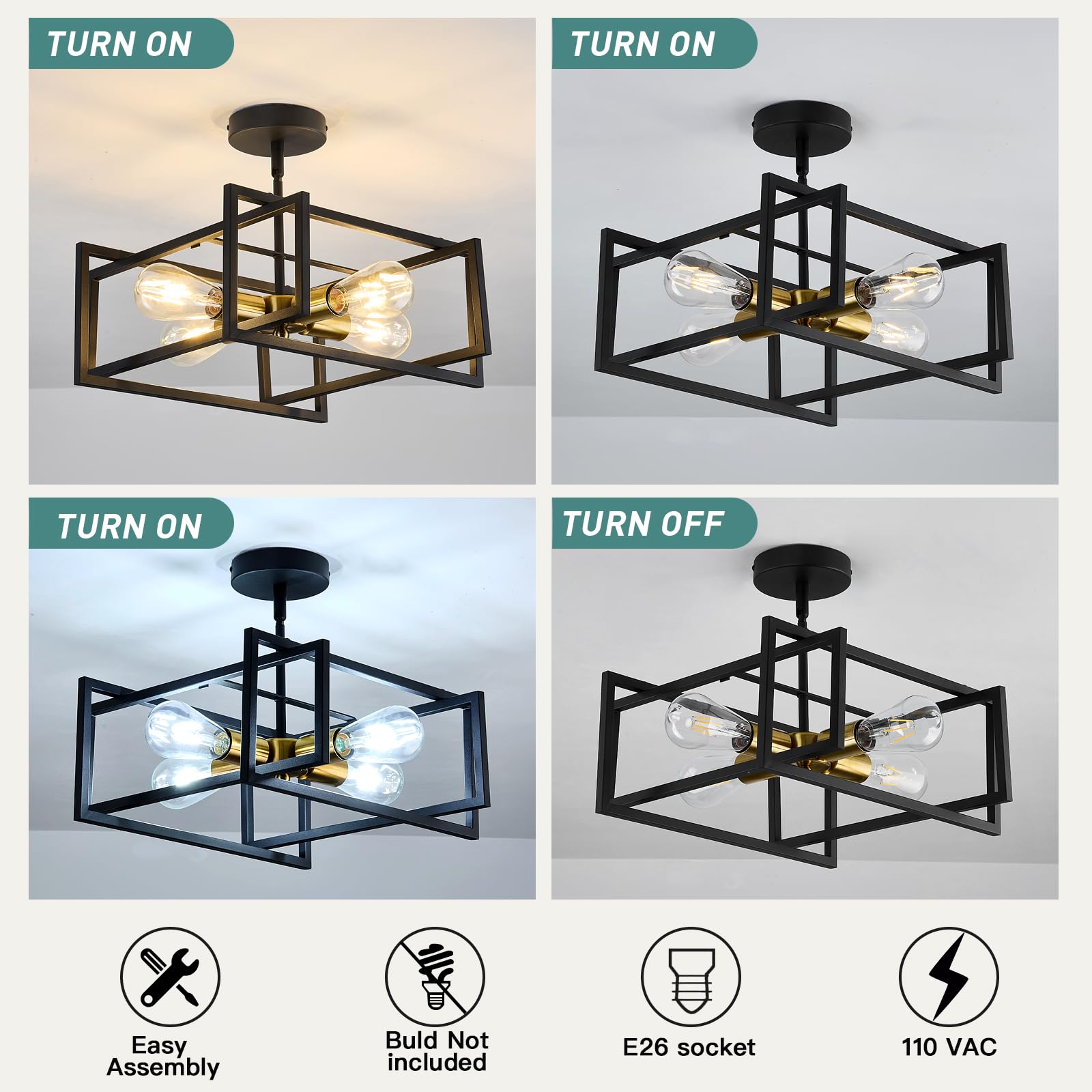 Zglaojt 4-Lights Close To Ceiling Light Black And Gold Light Fixture Industrial Flush Mount Ceiling Light Farmhouse Chandelier L