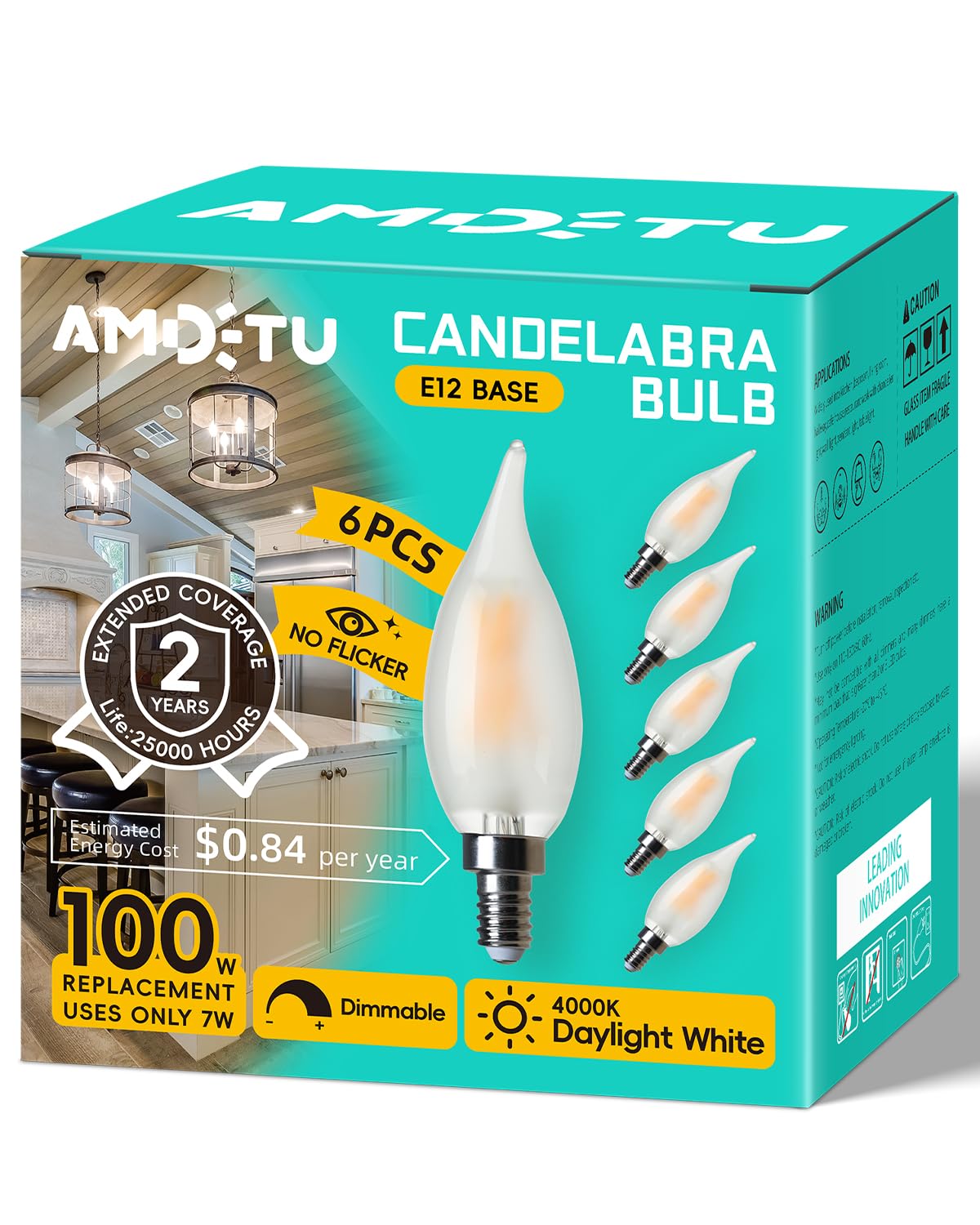 E12 7W Equivalent Frosted Led Candelabra Bulb, Ca10 Candle, 4000K Bright White, Dimmable Small Base, Ideal For Living Rooms, Din