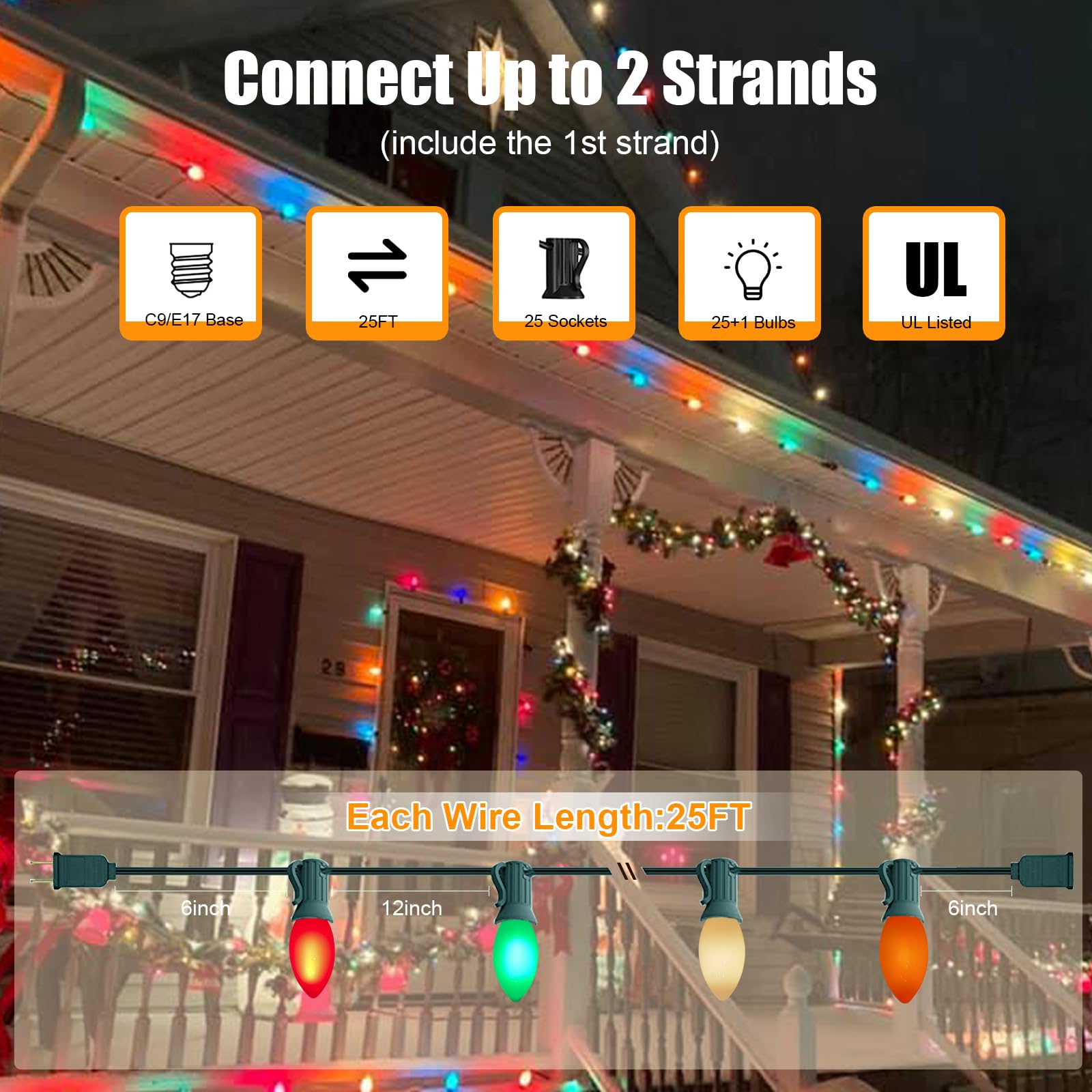 Goothy C9 Multicolor Christmas String Lights - 25Ft Vintage Outdoor Lighting With 26 Ceramic Bulbs, Green Wire For Patio, Tree & Garden Decor