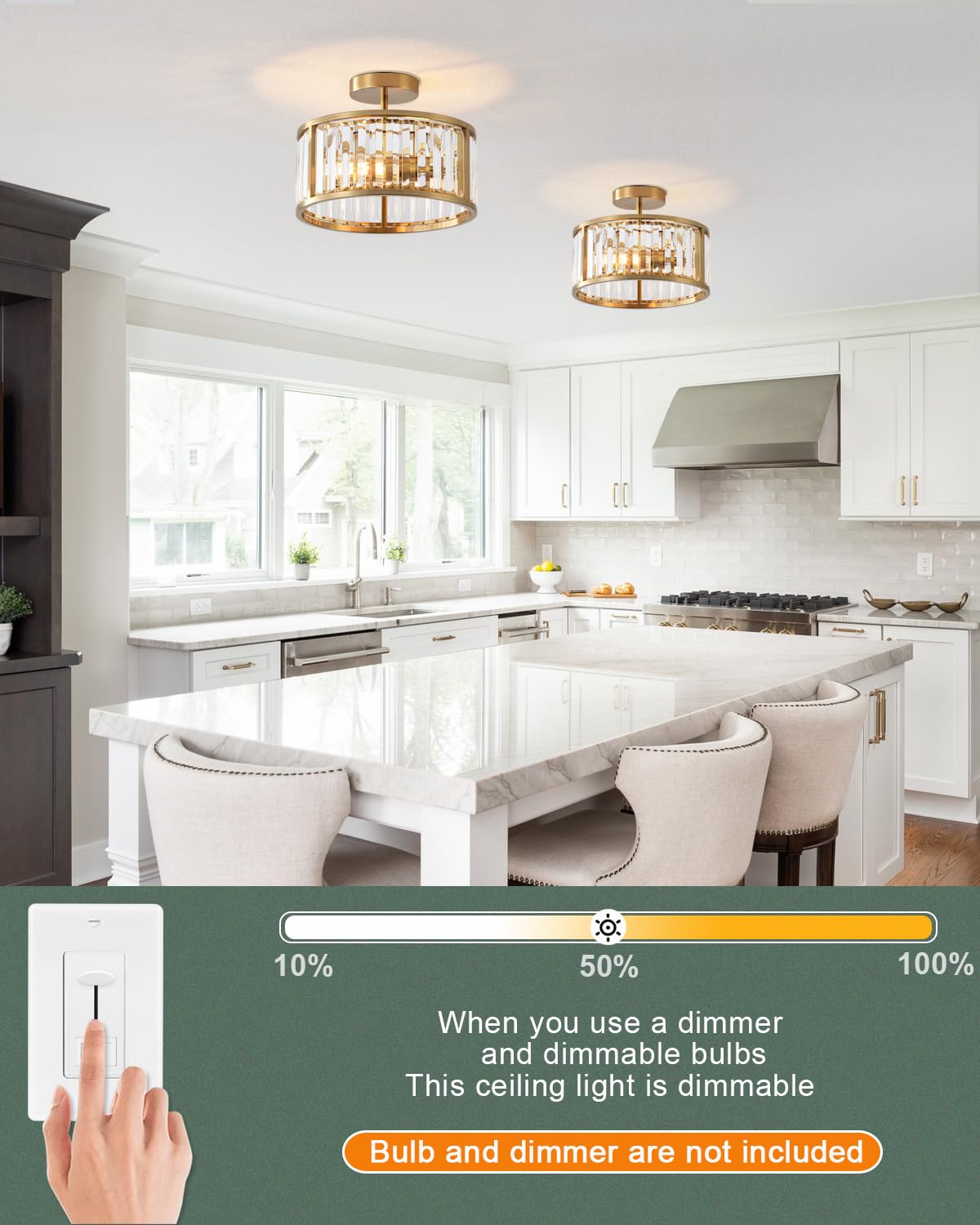 Lhlyclx Brass Gold 2-Light Caged Crystal Flush Mount Ceiling Light - Small Drum Fixture