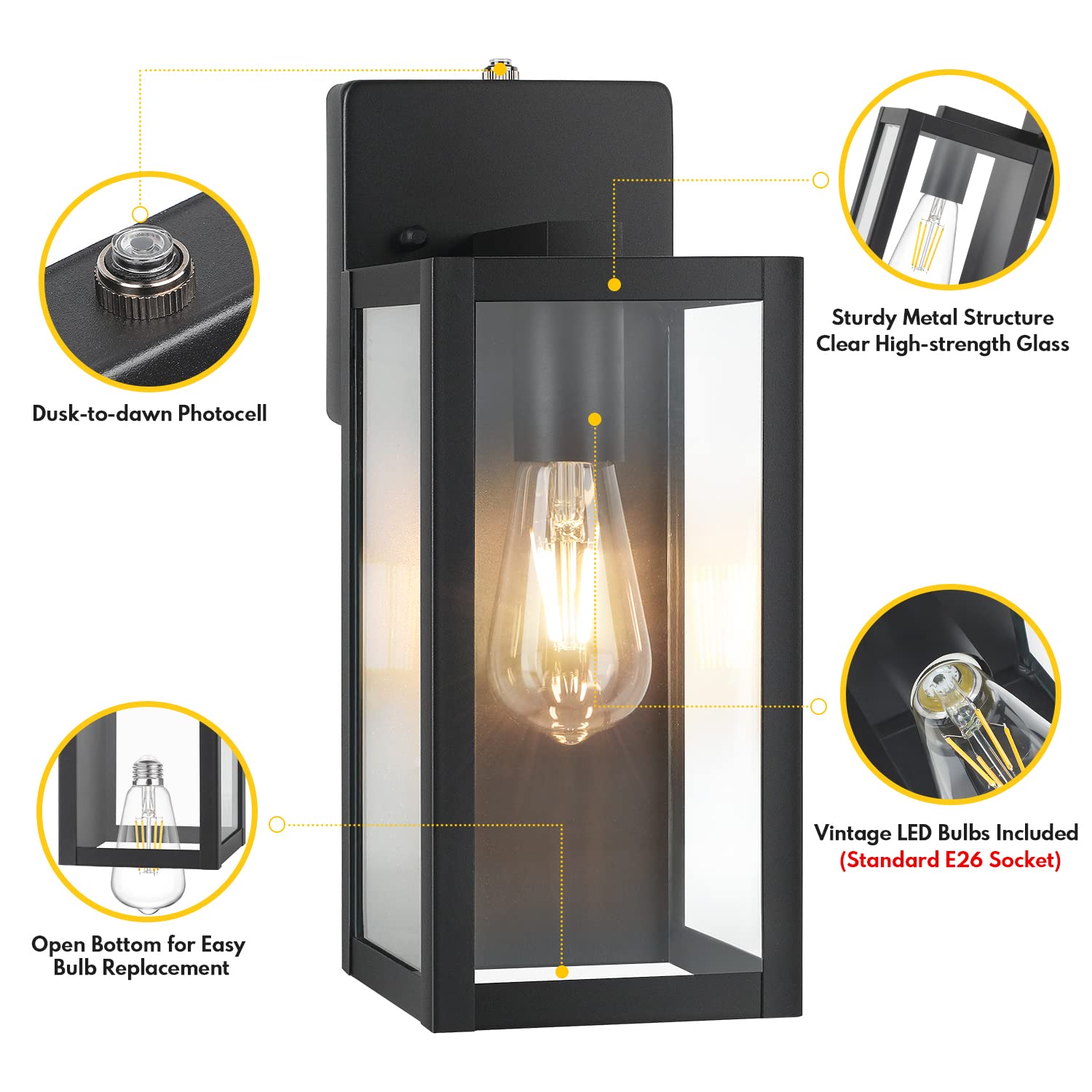 Beslowe 2-Pack Dusk To Dawn Outdoor Wall Lights, Waterproof Matte Black Lanterns With Led Bulbs