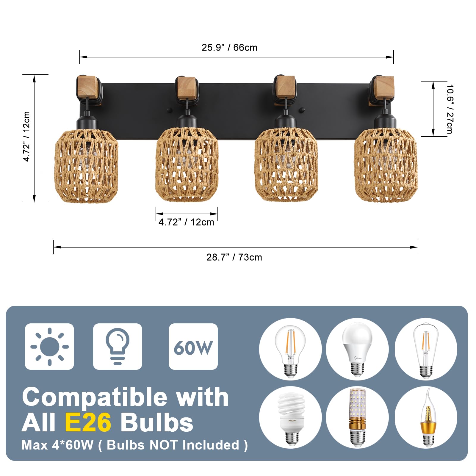 4 Light Bathroom Vanity Light Fixtures,Rustic Style Wood Bathroom Wall Sconce, With Boho Wicker Lampshade,Suitable For Bedroom, Hallway, And Living Room,Rattan Black Farmhouse Wall Sconce