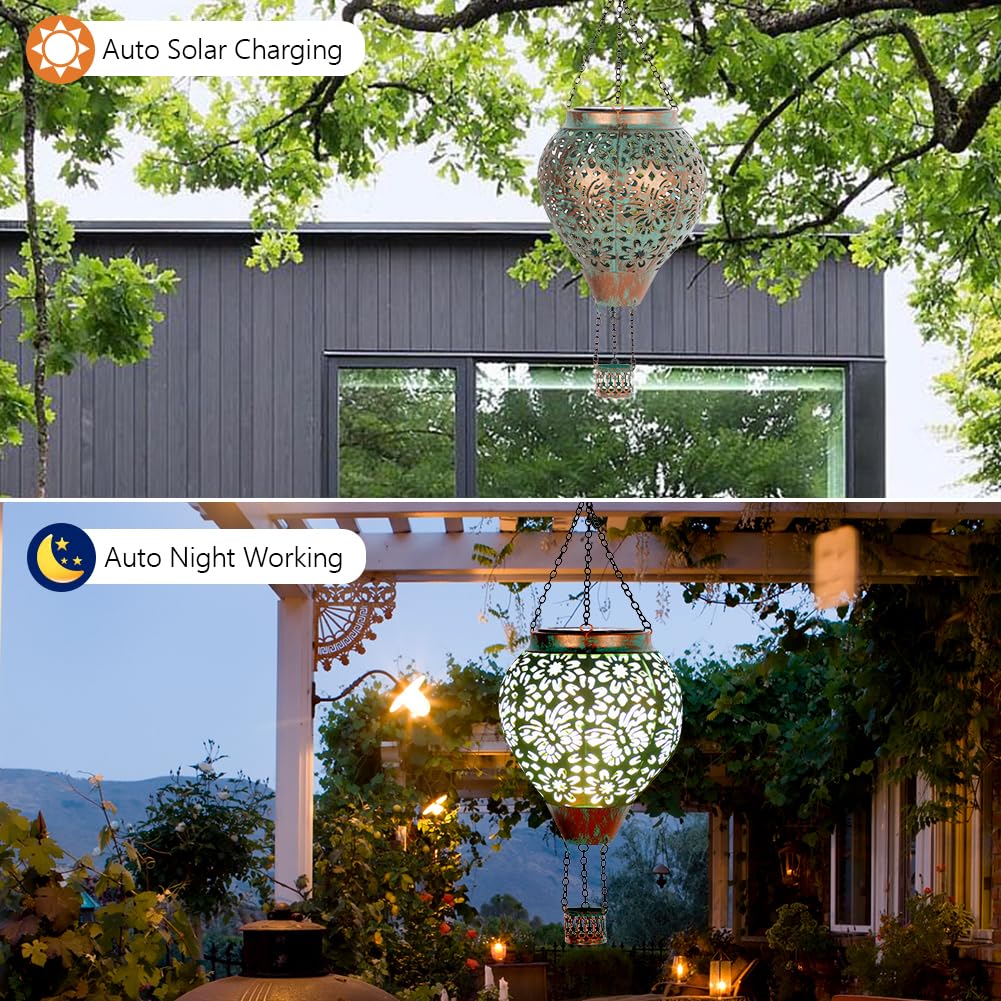 Stargarden Hot Air Balloon Solar Lantern, Butterfly Hollow Out Metal Hot Air Balloon Decorations, Green Hanging Solar Lantern, Waterproof Solar Outdoor Lights For Porch Decor