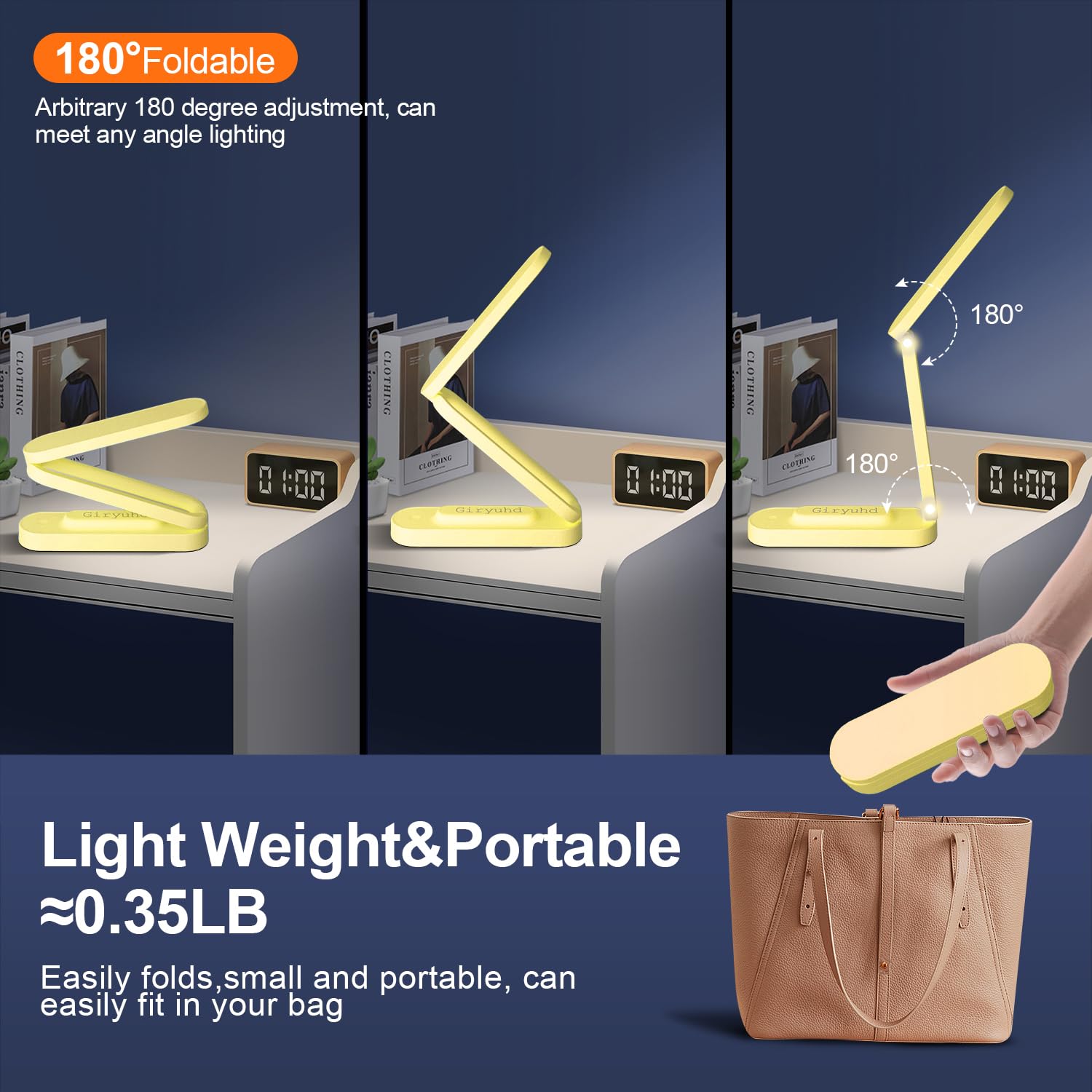 Giryuhd LED Desk Lamp Rechargeable Foldable Portable Light, 3 Brightness Dimmable, Yellow, Model A211