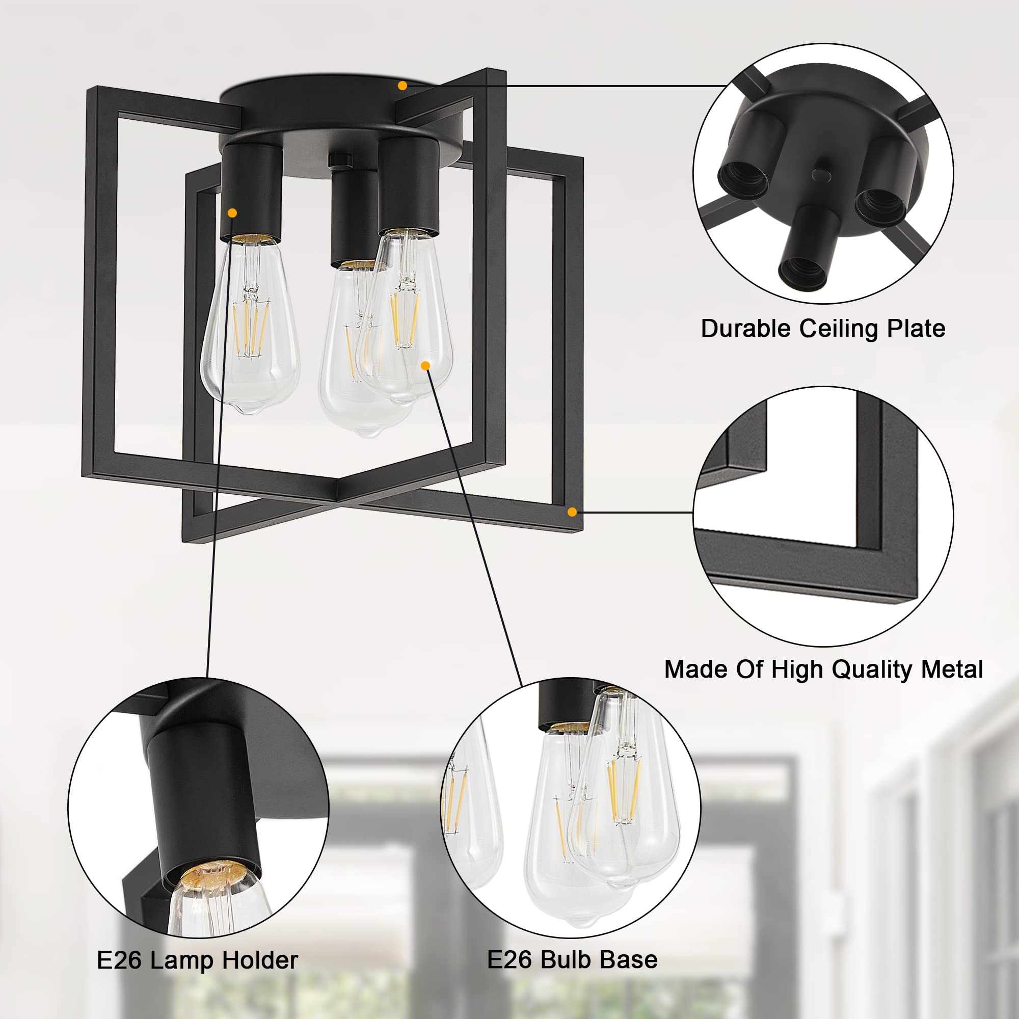 Bosomfr 3-Light Black Metal Ceiling Light Fixture, Semi-Flush Mount Chandelier for Kitchen, Living Room, Foyer - Model K3