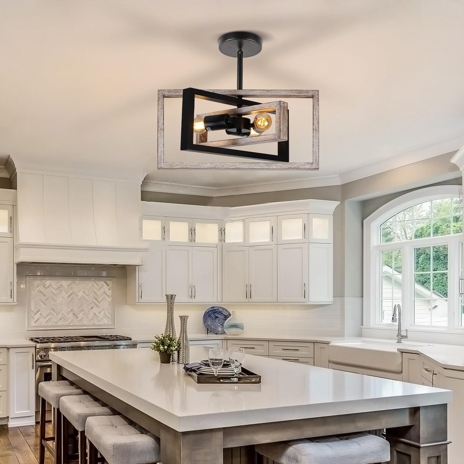 Huismier Farmhouse 3-Lights Flush Mount Ceiling Light Fixture  Industrial Wood And Metal Chandelier  Retro Close To Ceiling Lighting For Kitchen Entryway Hallway Bedroom Dining Room Living Room Foyer