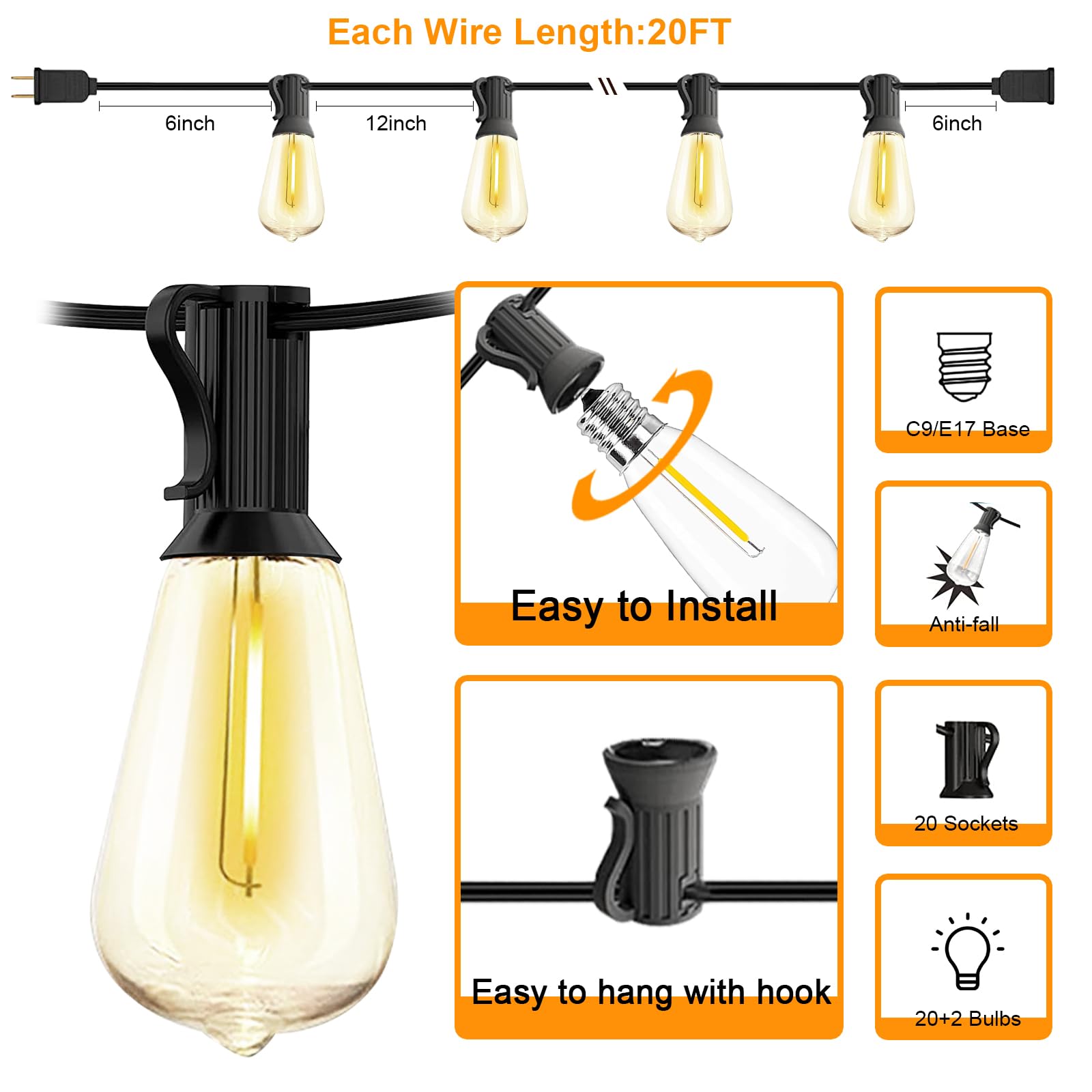 Konictom LED Outdoor String Lights, 20FT, 22 Shatterproof ST40 Vintage Bulbs, Waterproof, Black