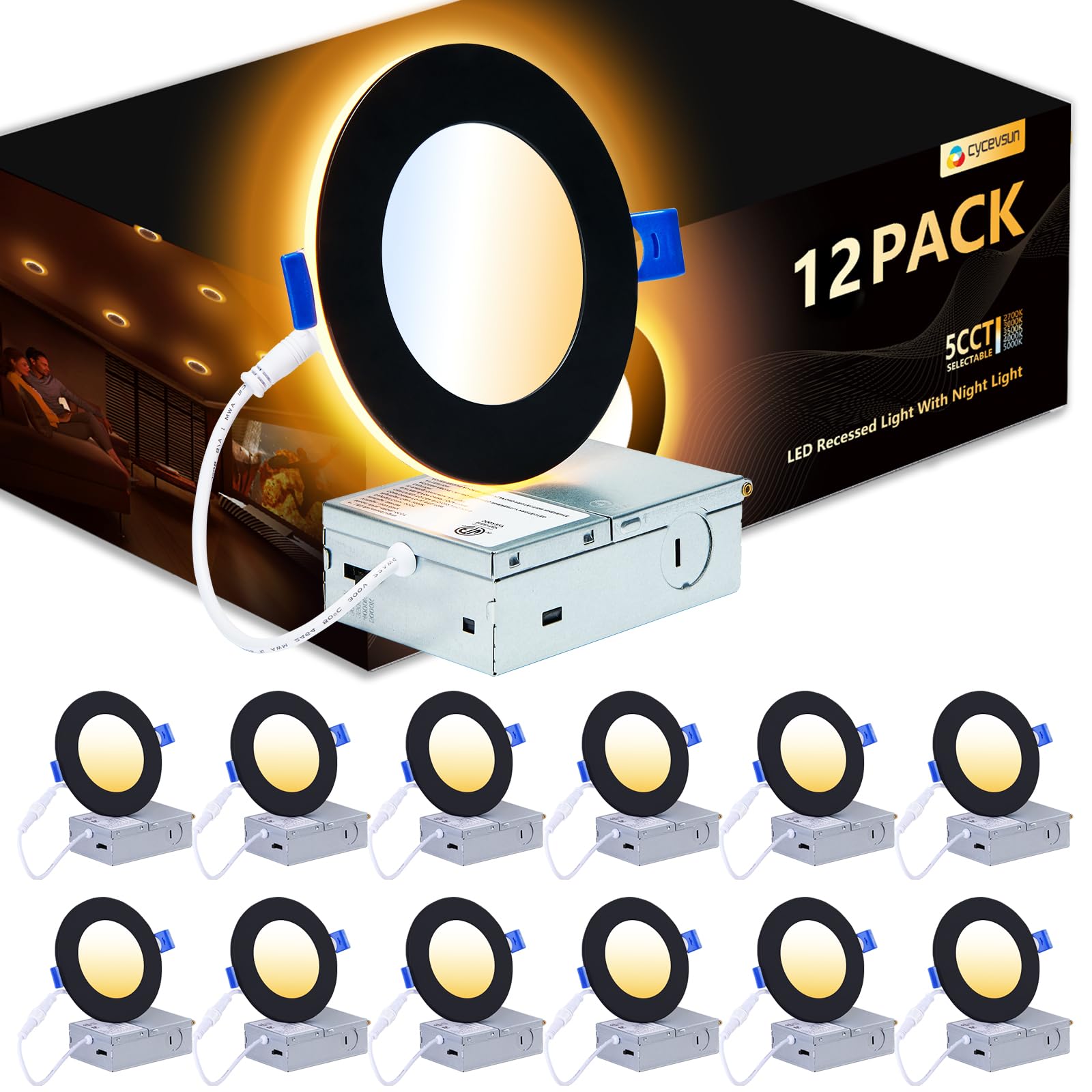 Cycevsun 4 Inch Black Recessed Lights With Night Light, Dimmable & 2700K/3000K/3500K/4000K/5000K Selectable, 9W, Etl, Ic Rated, 12 Pack