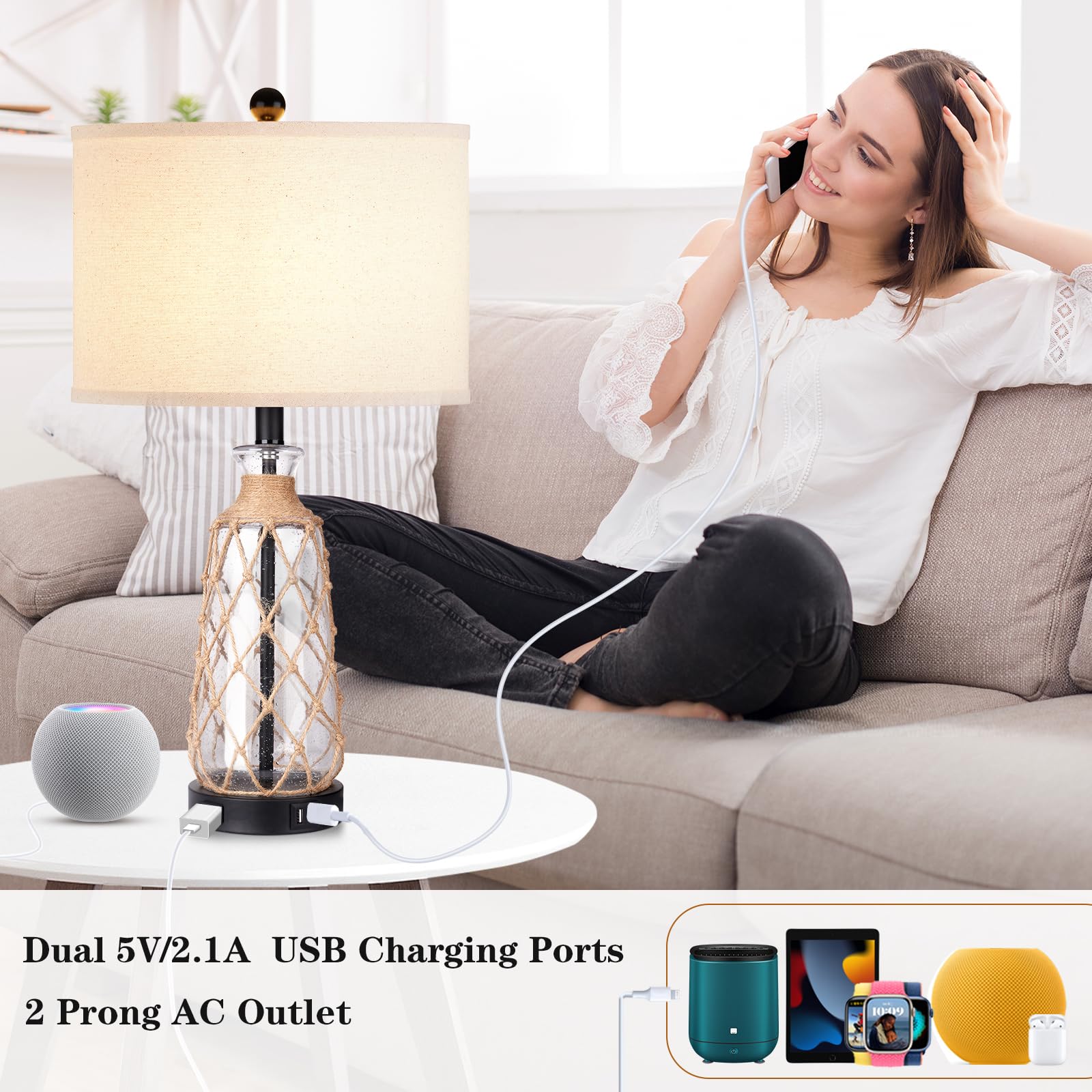 Ruzectt 25.5" Coastal Glass Table Lamps Set Of 2, 3-Way Dimmable Touch Control Bedside Lamps With 2 Usb Ports And Ac Outlet, Clear Nautical Nightstand Lamp For Bedroom Living Room (Led Bulbs Included)