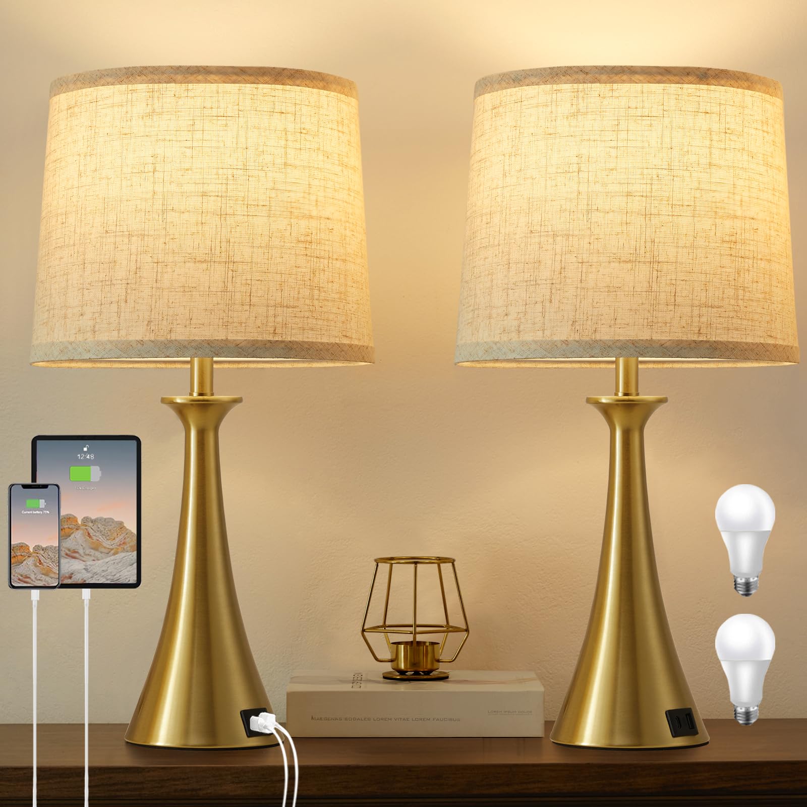 Hikczc Touch Table Lamp Set of 2, 21in Gold, USB C+A Ports, 3-Way Dimmable, Includes 2 LED Bulbs, Model 2T