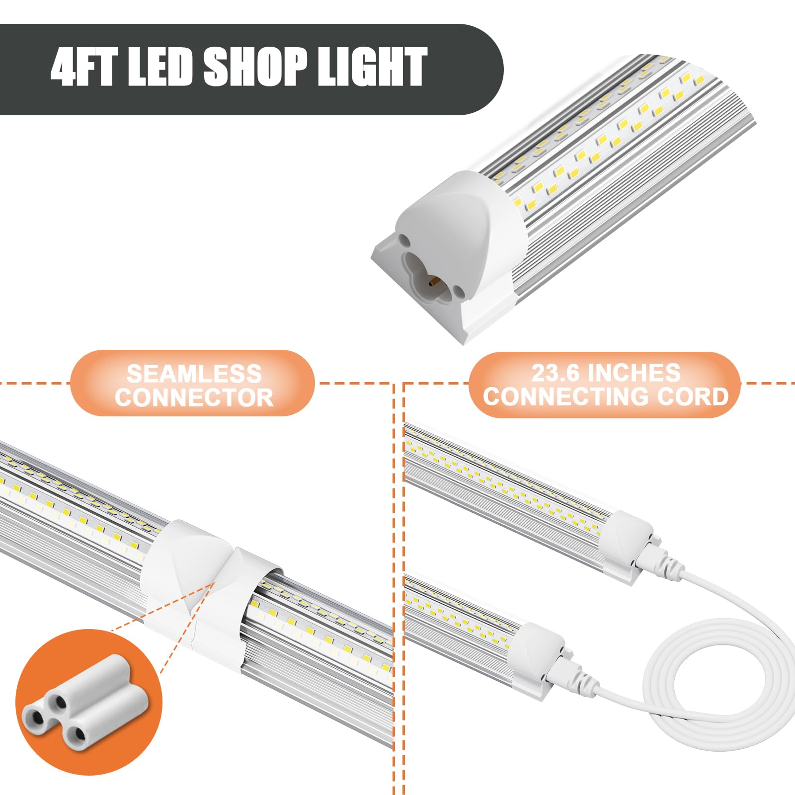 Onlylux 4Ft Led Shop Light - 45W 6750Lm 5000K 4 Foot V Shape Integrated T8 Led Lights,Linkable Shop Lights 48'' T8 Garage Lights