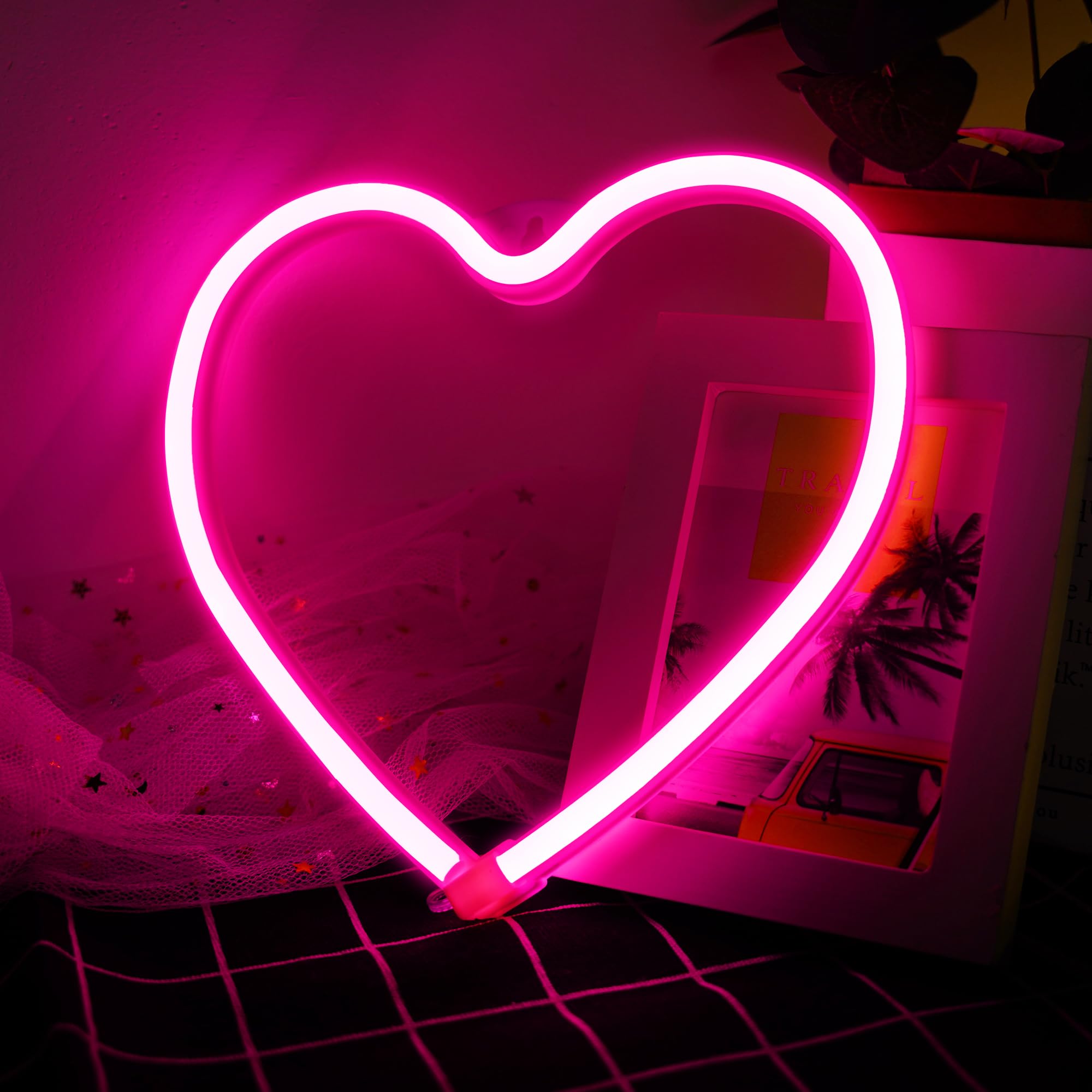 Pink Heart Neon Light  Led Light Signs Powered By Battery Or Usb  Light Decoration For Christmas Birthday Party Living Room Bedroom Table Children Gifts