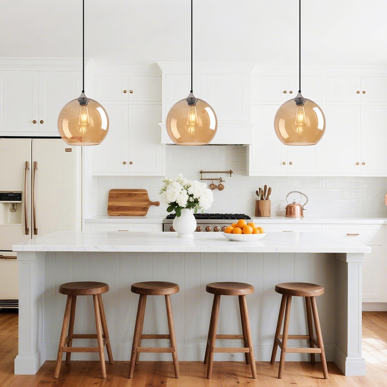 Lbsqj Amber Glass Pendant Lights Kitchen Island Globe Pendant Light Fixtures Modern Pendant Lighting For Bedroom Living Dining Room Light Fixture (9.84 In  3 Pack)