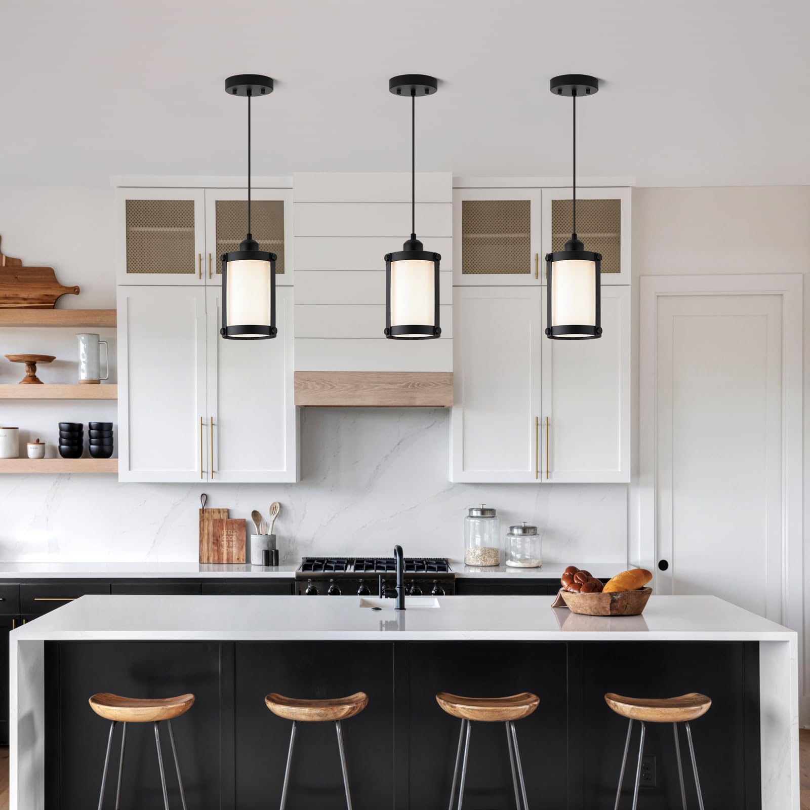 Osimir Black Pendant Lights Kitchen Island, 1-Light Modern Mini Hanging Light Fixtures With Milk Glass, Farmhouse Kitchen Pendan