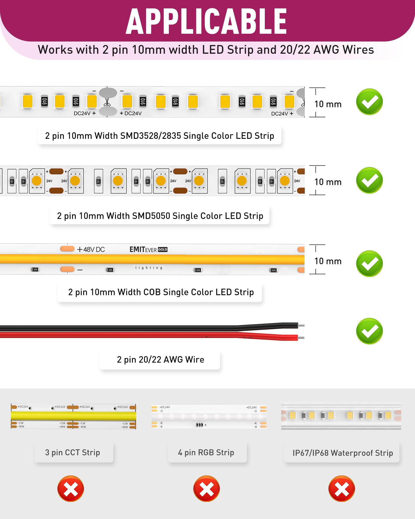 Emitever 8-In-1 Led Strip Connectors 12Pcs, 2 Pin 10Mm Cob Tape Lights Terminal Connectors 8 Types Solderless Transparent Connec