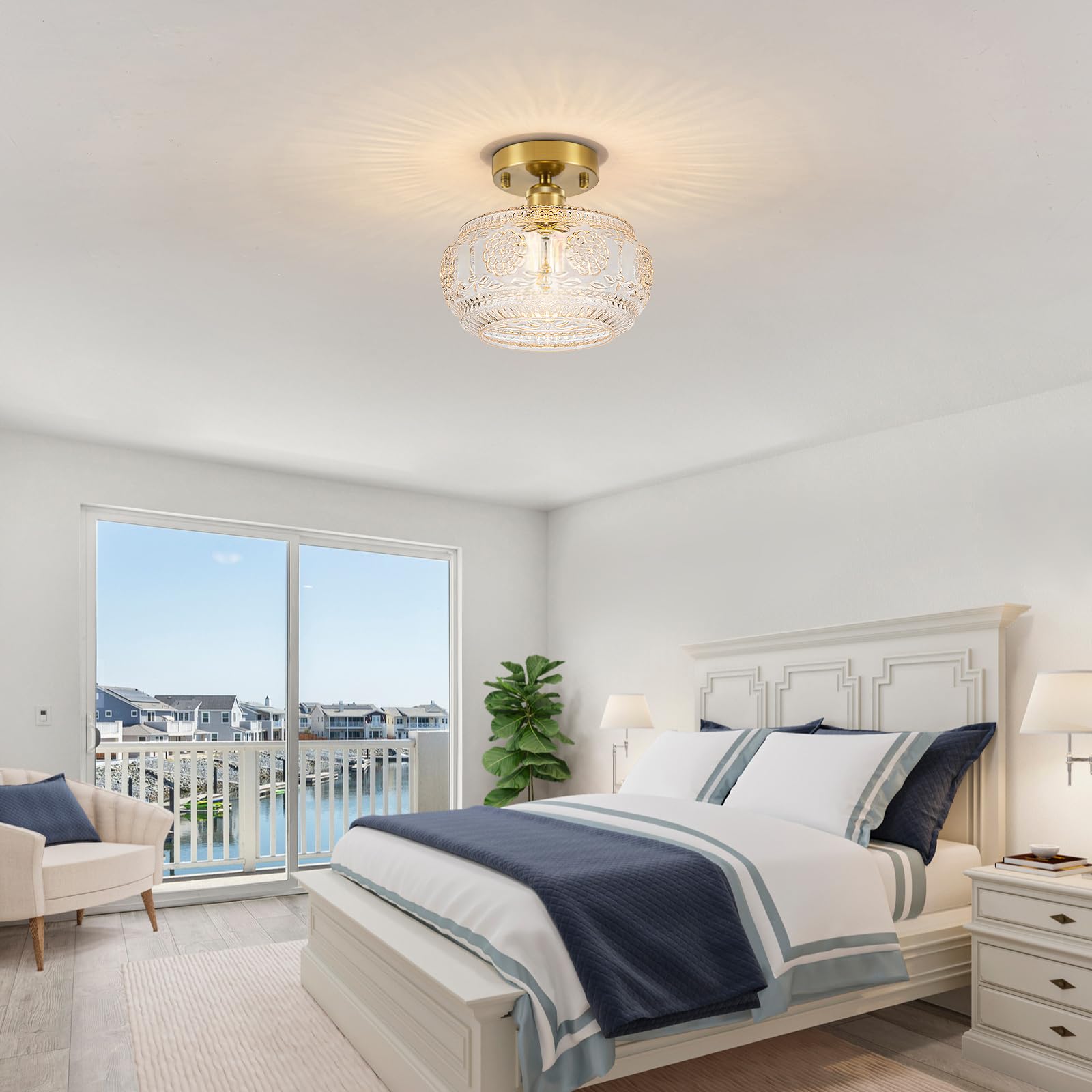 Tbaoinla Semi Flush Mount Ceiling Light Fixture - Brass & Floral Glass Shade  Vintage Modern Lighting For Entryway  Bathroom  Kitchen  Bedroom (Bulb Not Included)